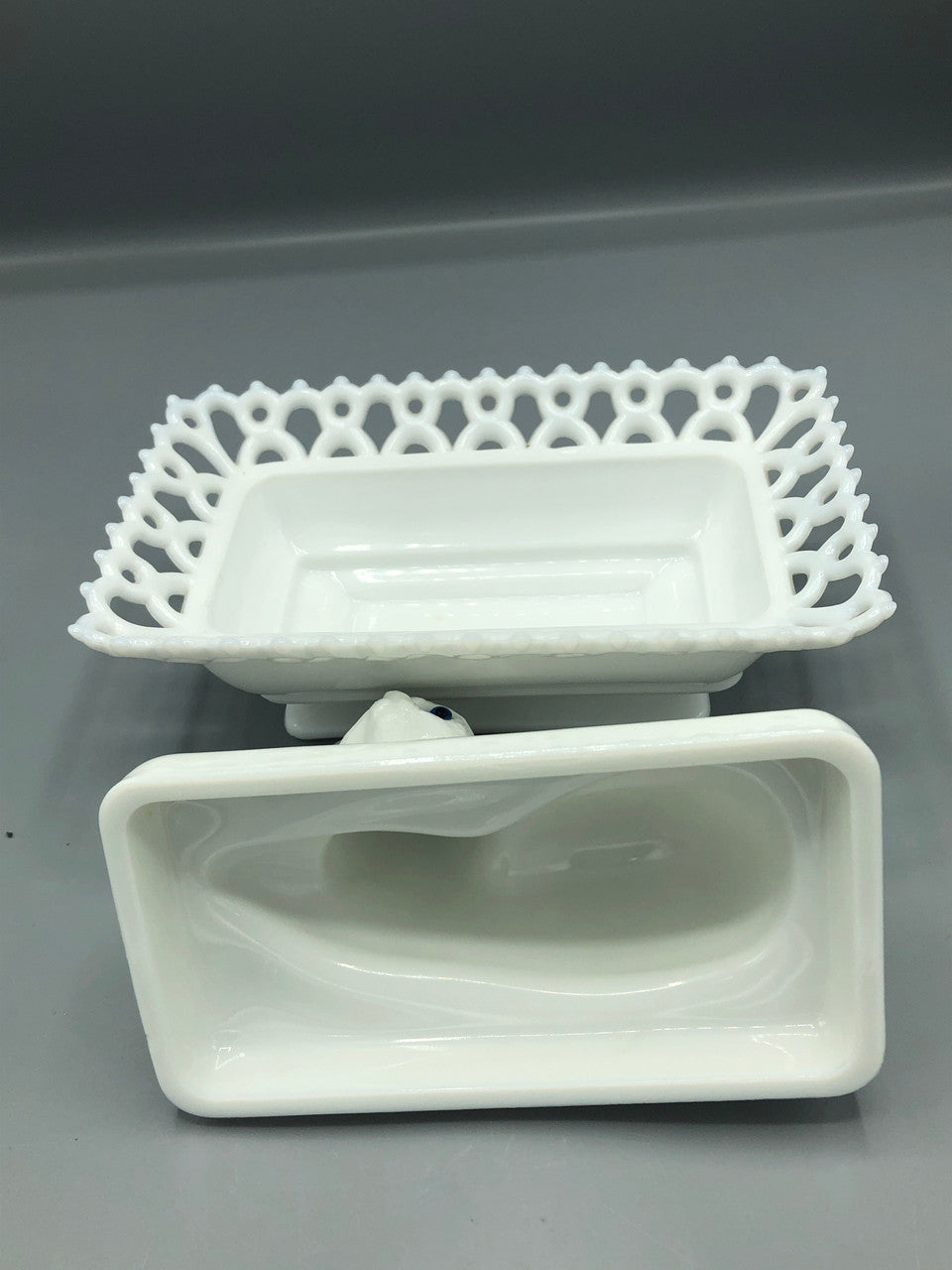 Antique Westmoreland milk glass cat in a basket dish