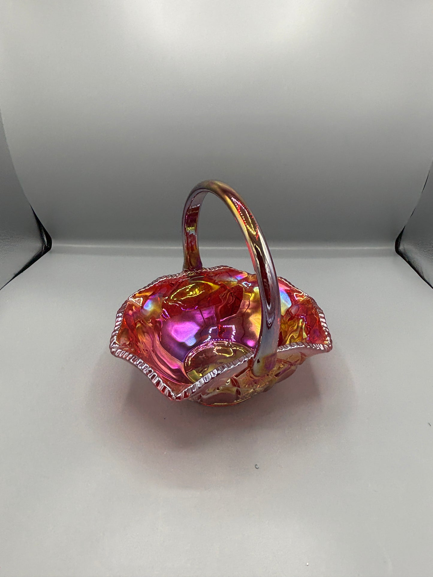 Vintage LE Smith Red Carnival Glass Basket in Quintec Pattern