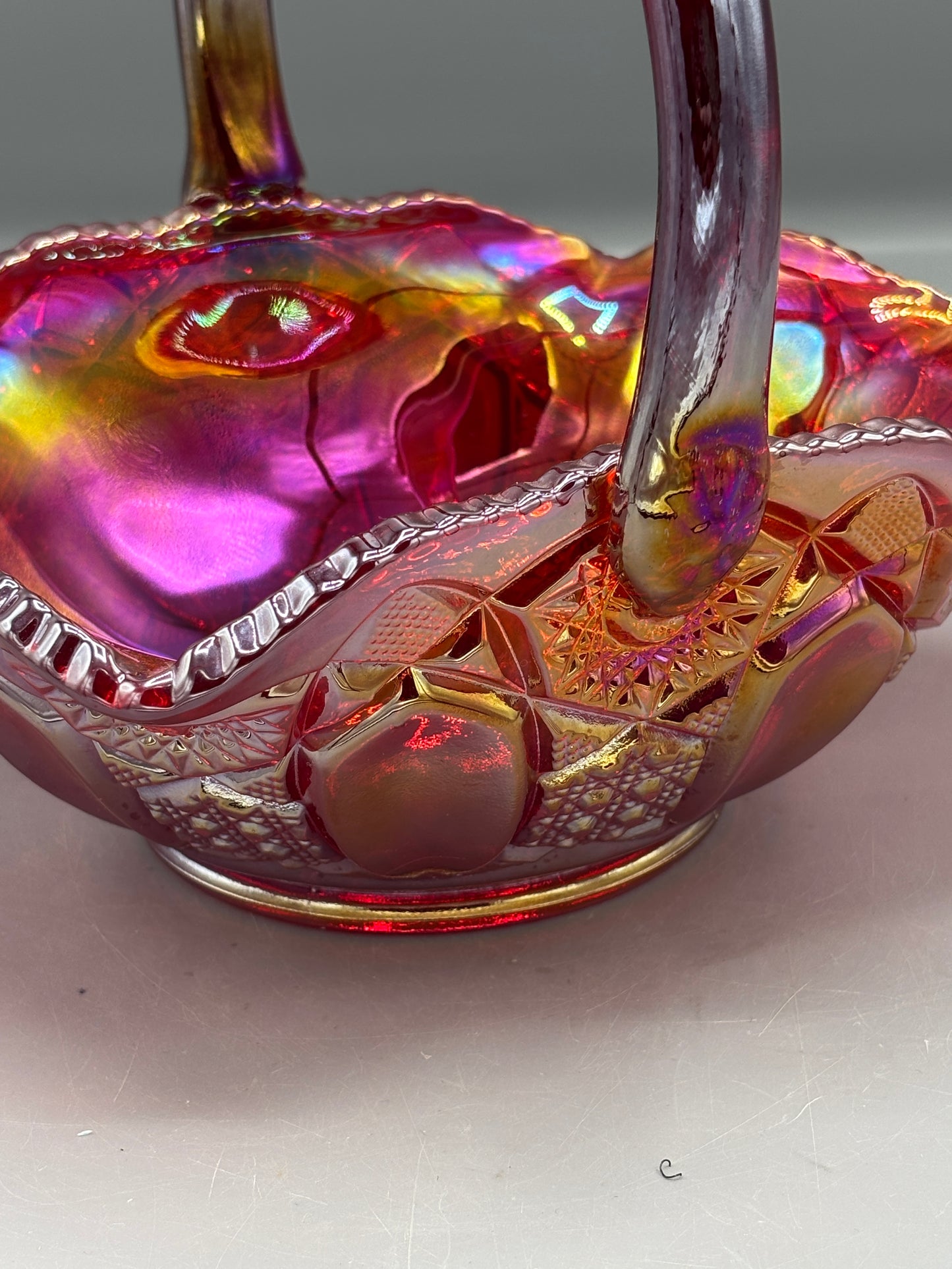 Vintage LE Smith Red Carnival Glass Basket in Quintec Pattern