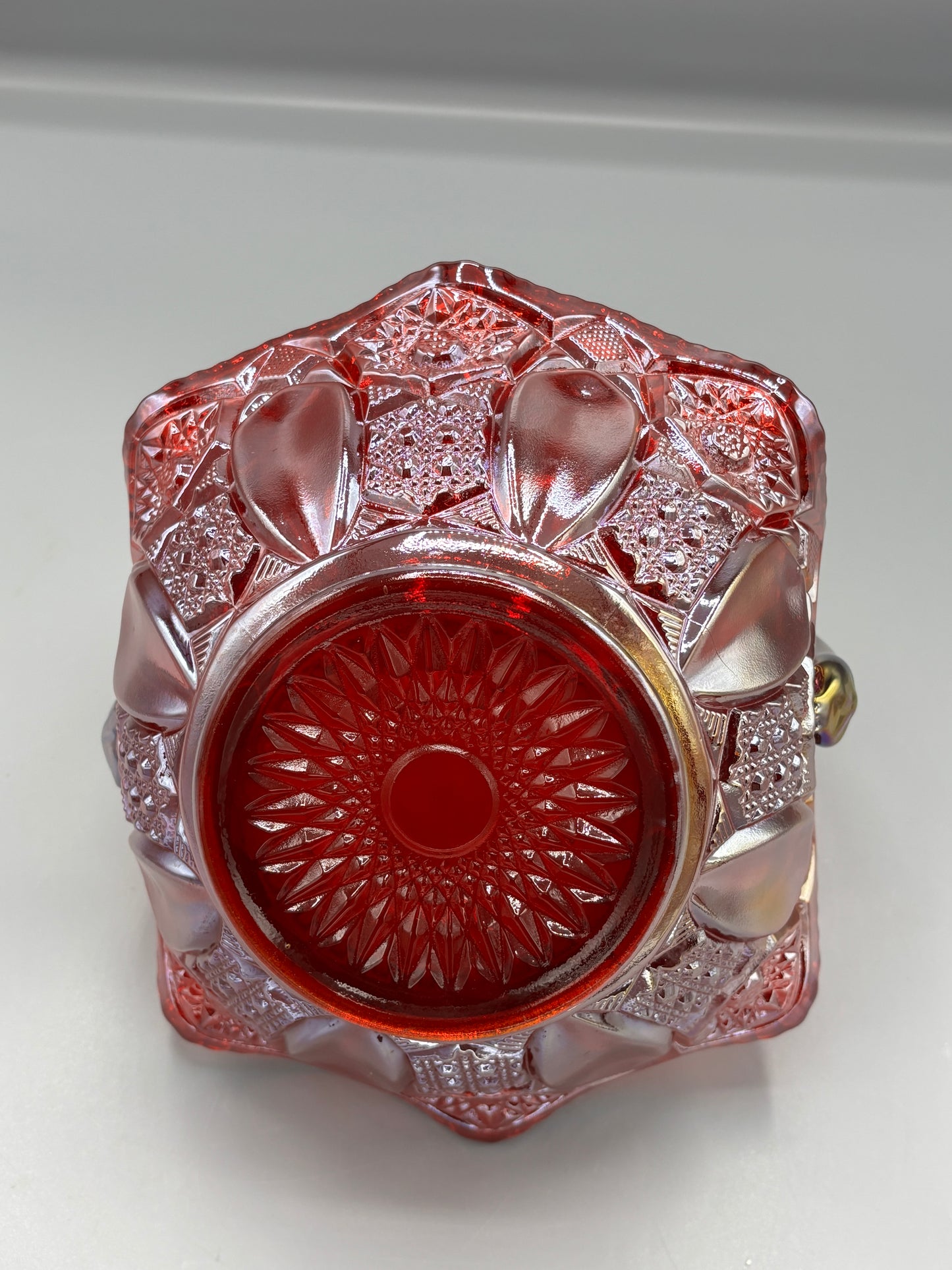 Vintage LE Smith Red Carnival Glass Basket in Quintec Pattern