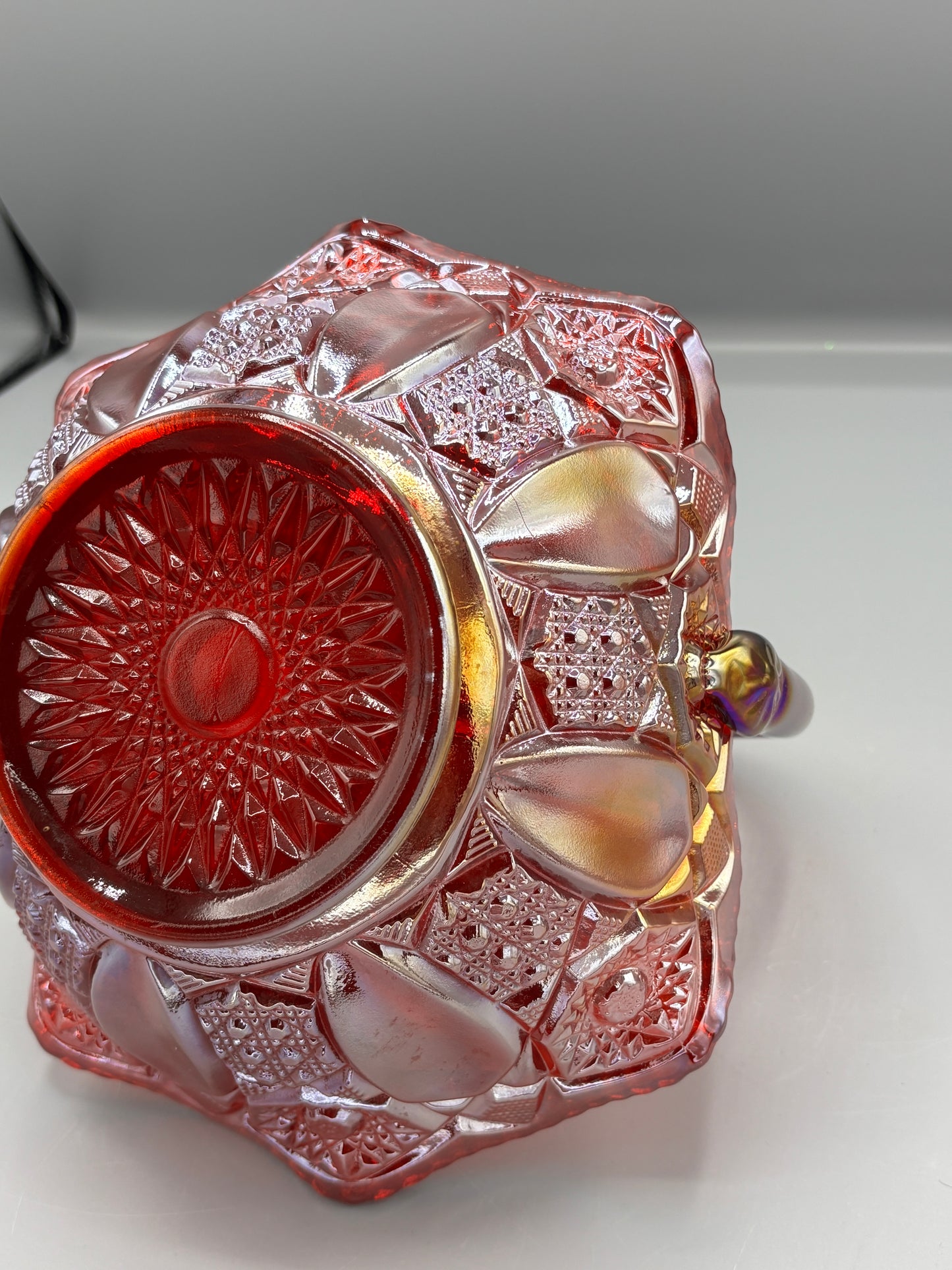 Vintage LE Smith Red Carnival Glass Basket in Quintec Pattern