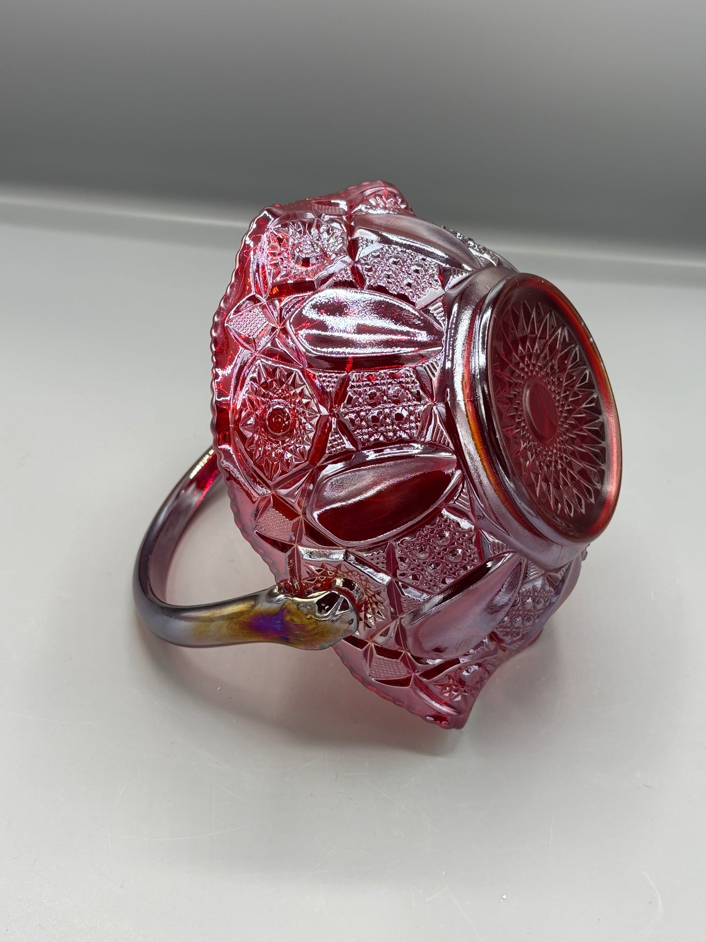 Vintage LE Smith Red Carnival Glass Basket in Quintec Pattern