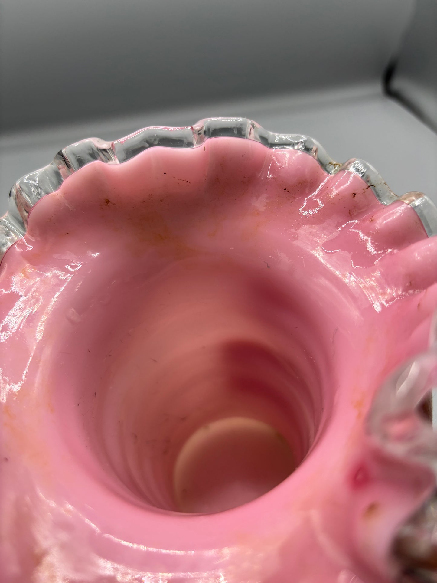 Fenton pink & white ruffle silver crest edge vase