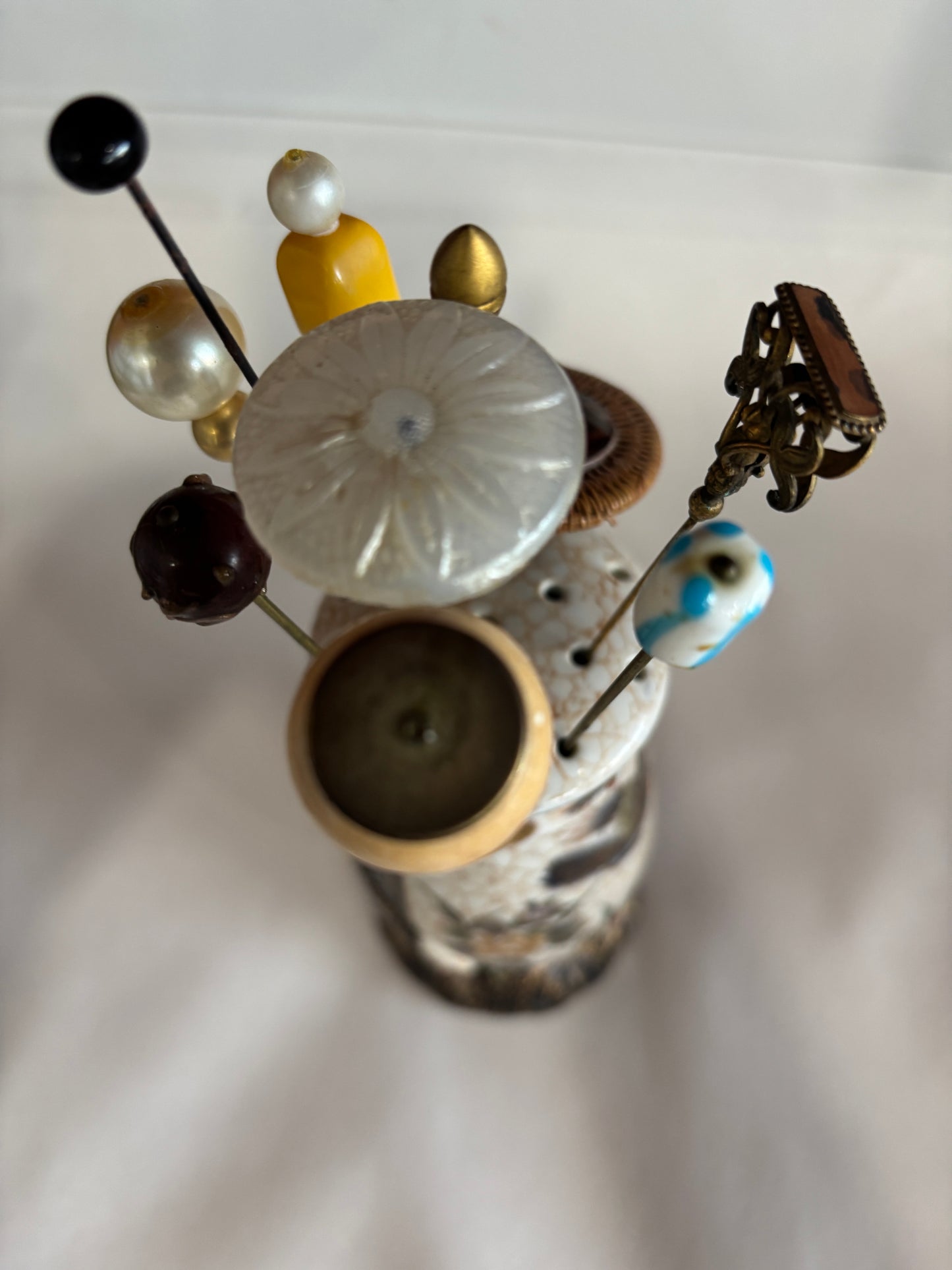 Vintage Satsuma Hat Pin Holder with 10 hat pins
