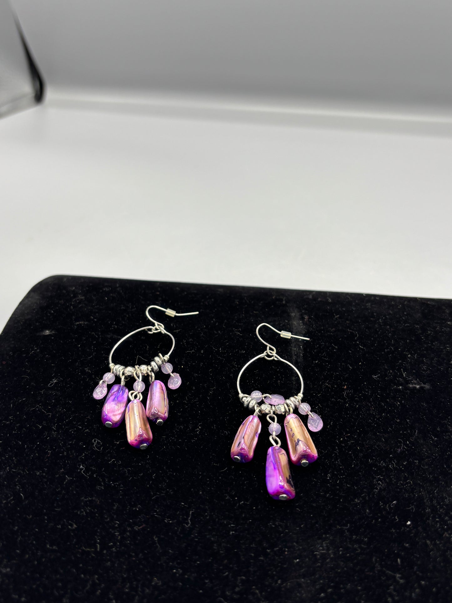 Silver tone Purple stone dangle hoop earrings