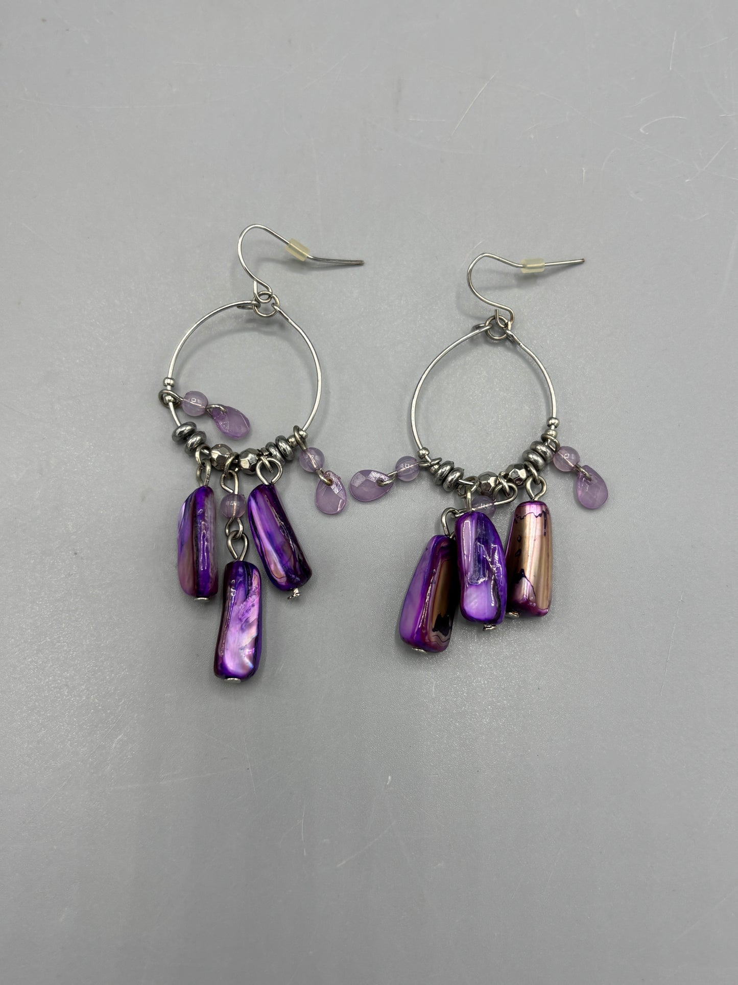 Silver tone Purple stone dangle hoop earrings