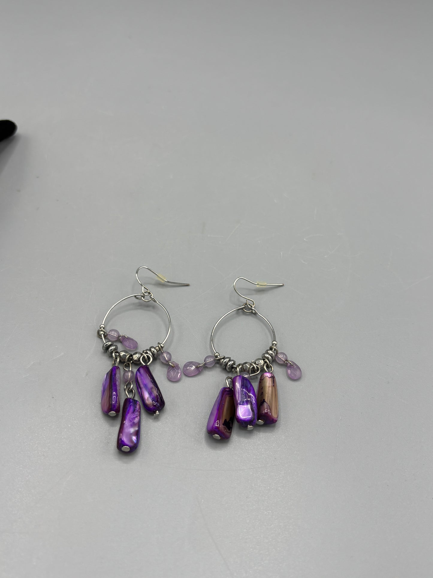 Silver tone Purple stone dangle hoop earrings