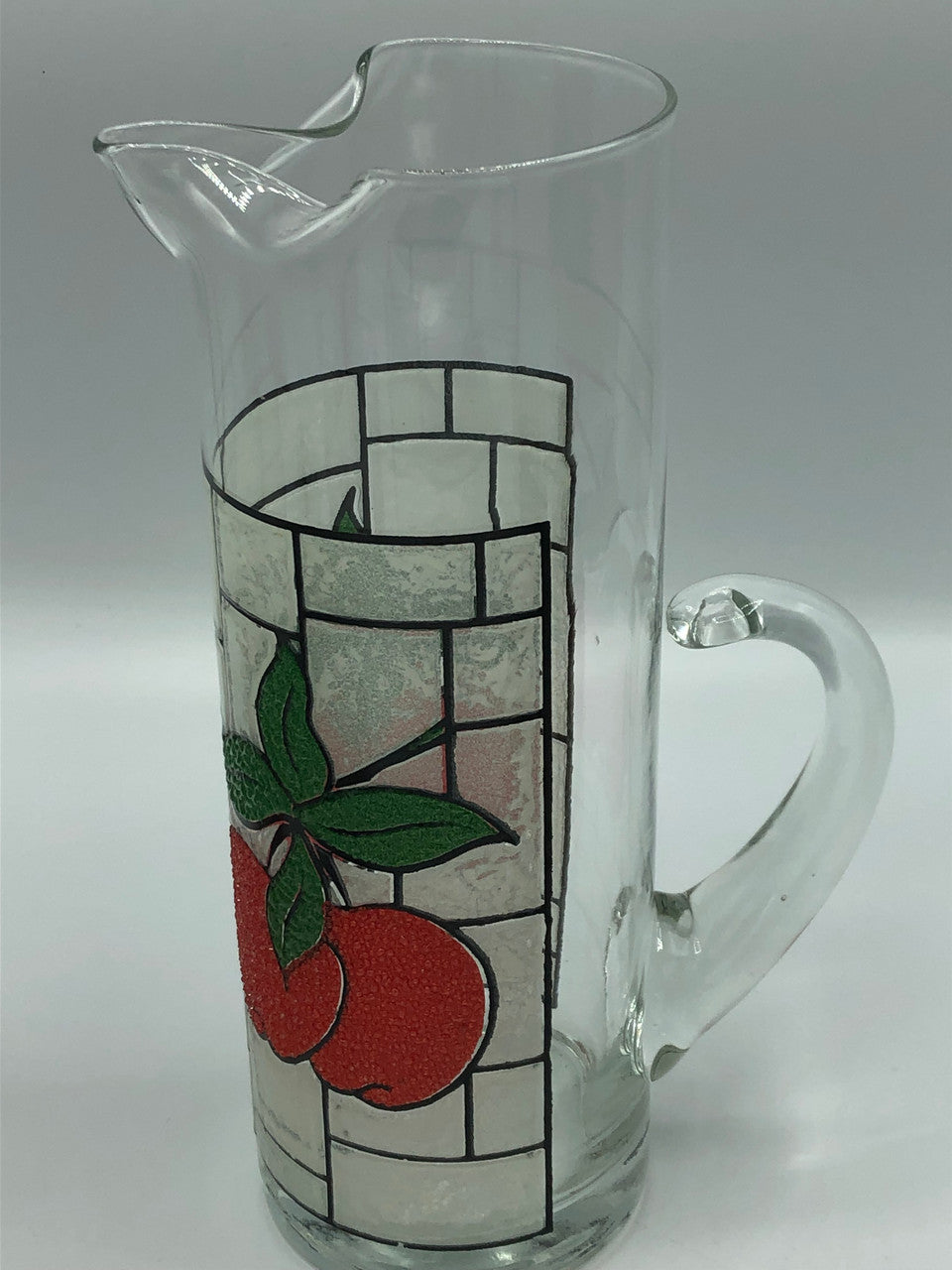 Vintage Stained glass Apple pitcher & 6 juice glasses