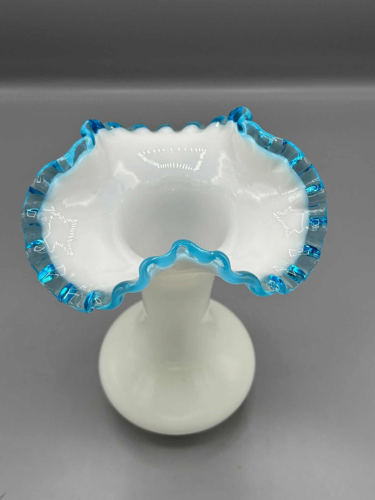 Vintage Fenton milk glass blue crest ruffle trumpet
