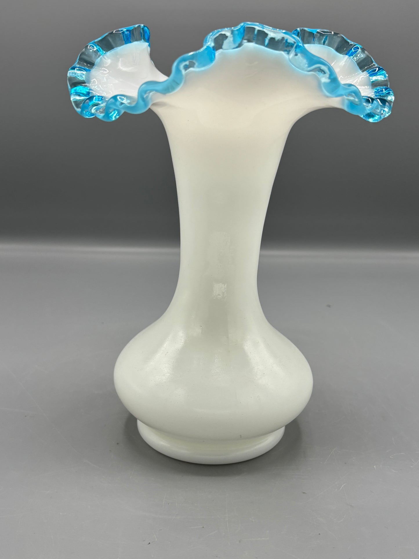 Vintage Fenton milk glass blue crest ruffle trumpet