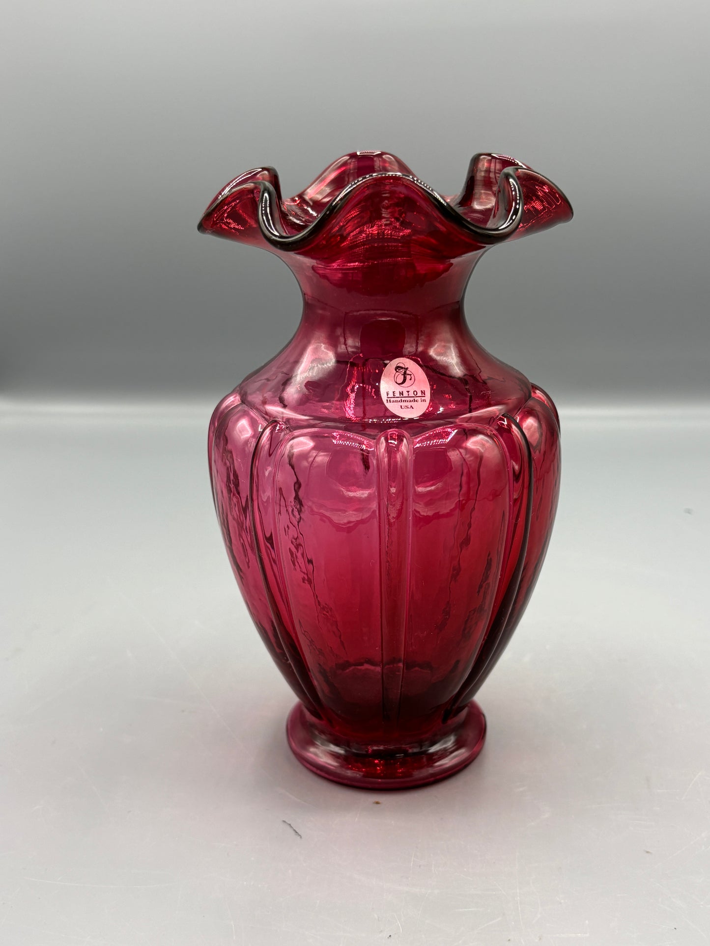 Vintage Fenton 11 1/2" Cranberry Scallop Top Swirl Design Vase