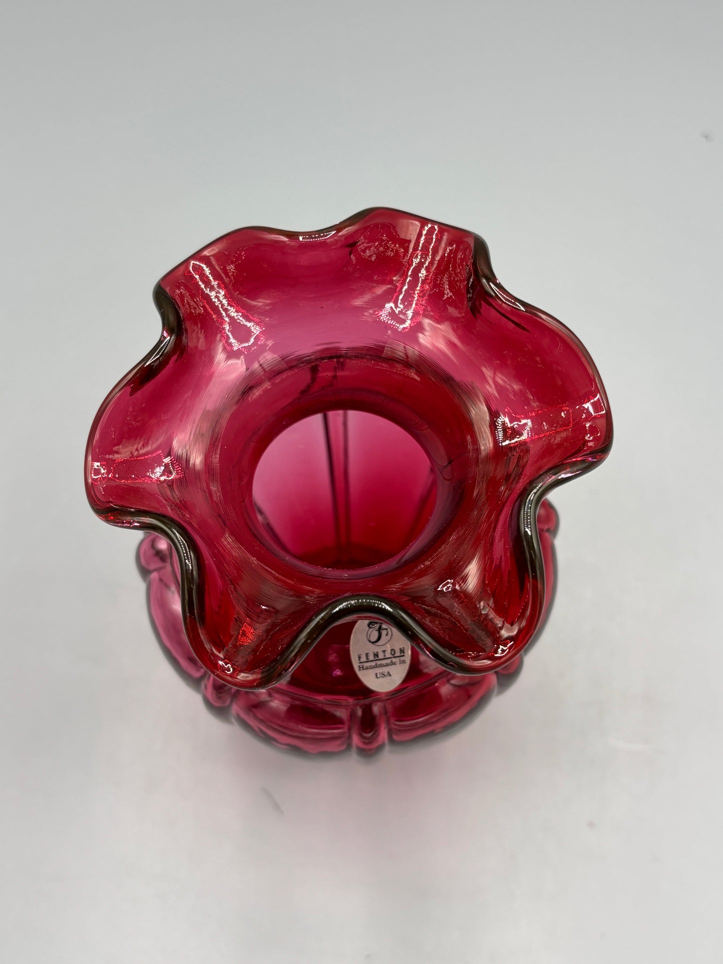 Vintage Fenton 11 1/2" Cranberry Scallop Top Swirl Design Vase