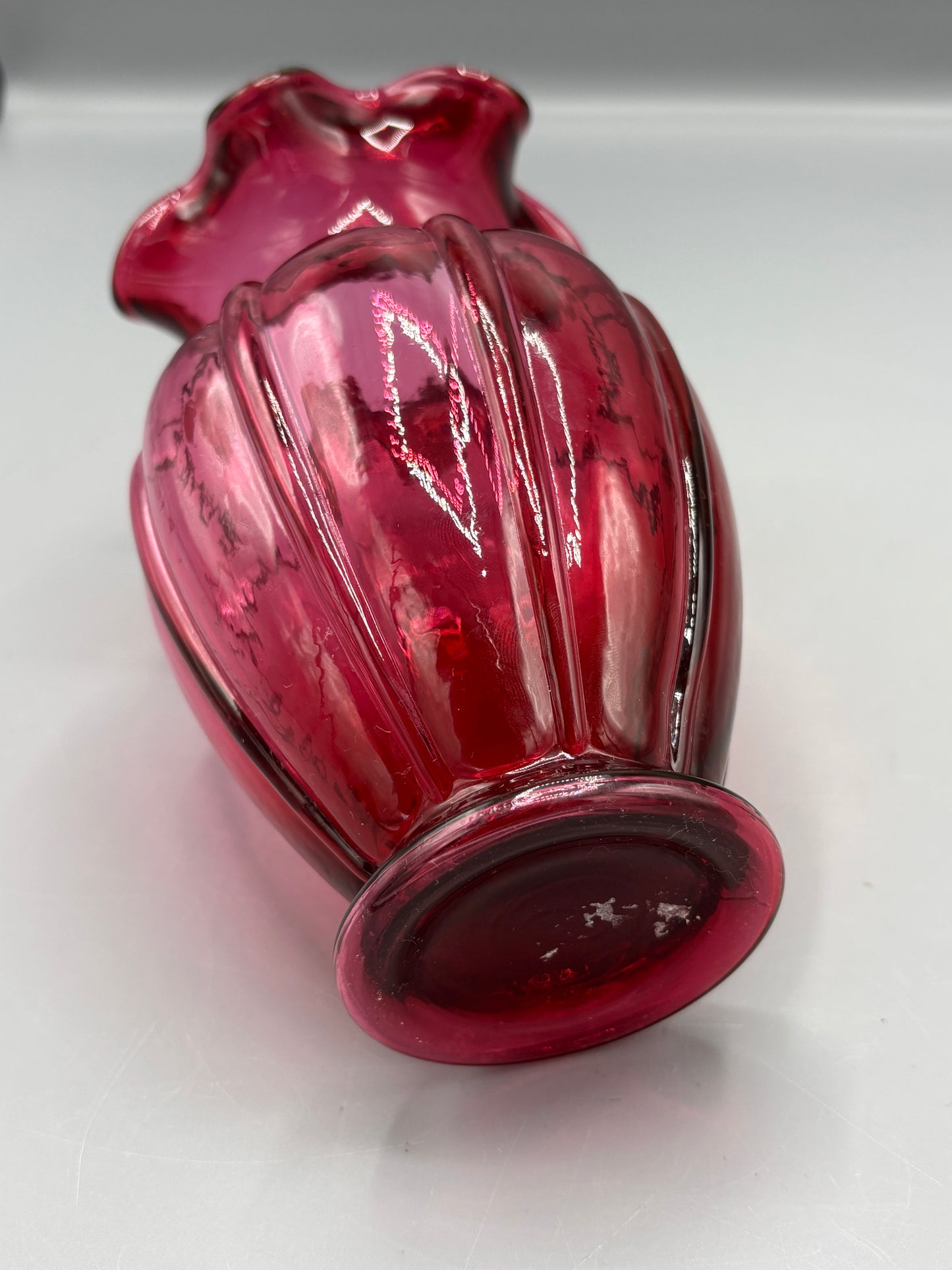 Vintage Fenton 11 1/2" Cranberry Scallop Top Swirl Design Vase