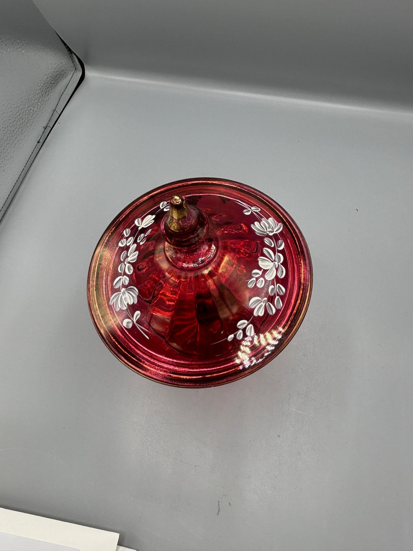Vintage Fenton Cranberry Hand Painted Candy Dish