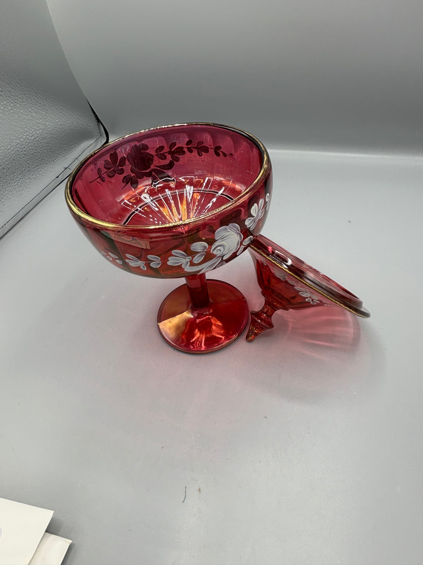 Vintage Fenton Cranberry Hand Painted Candy Dish