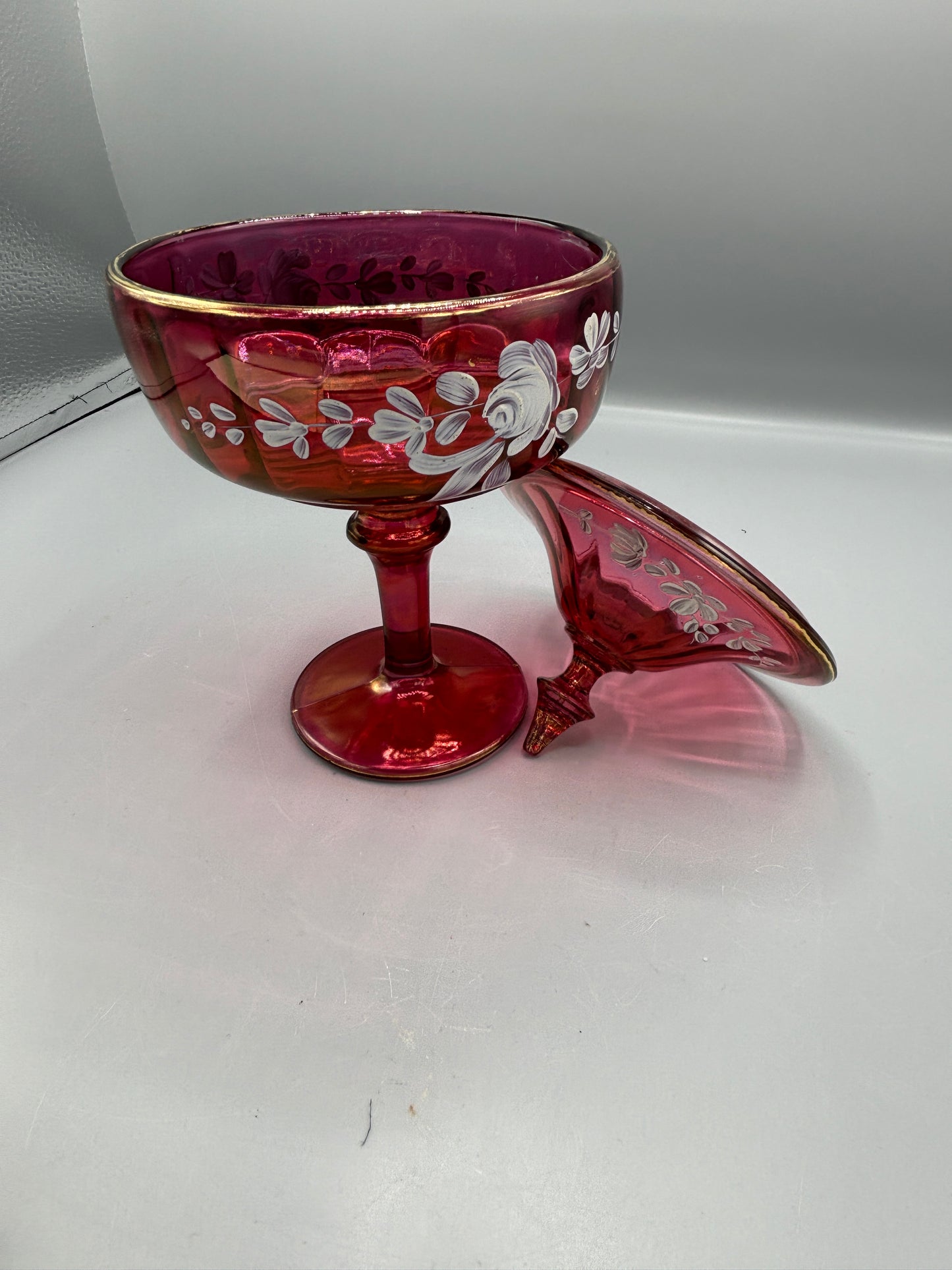 Vintage Fenton Cranberry Hand Painted Candy Dish