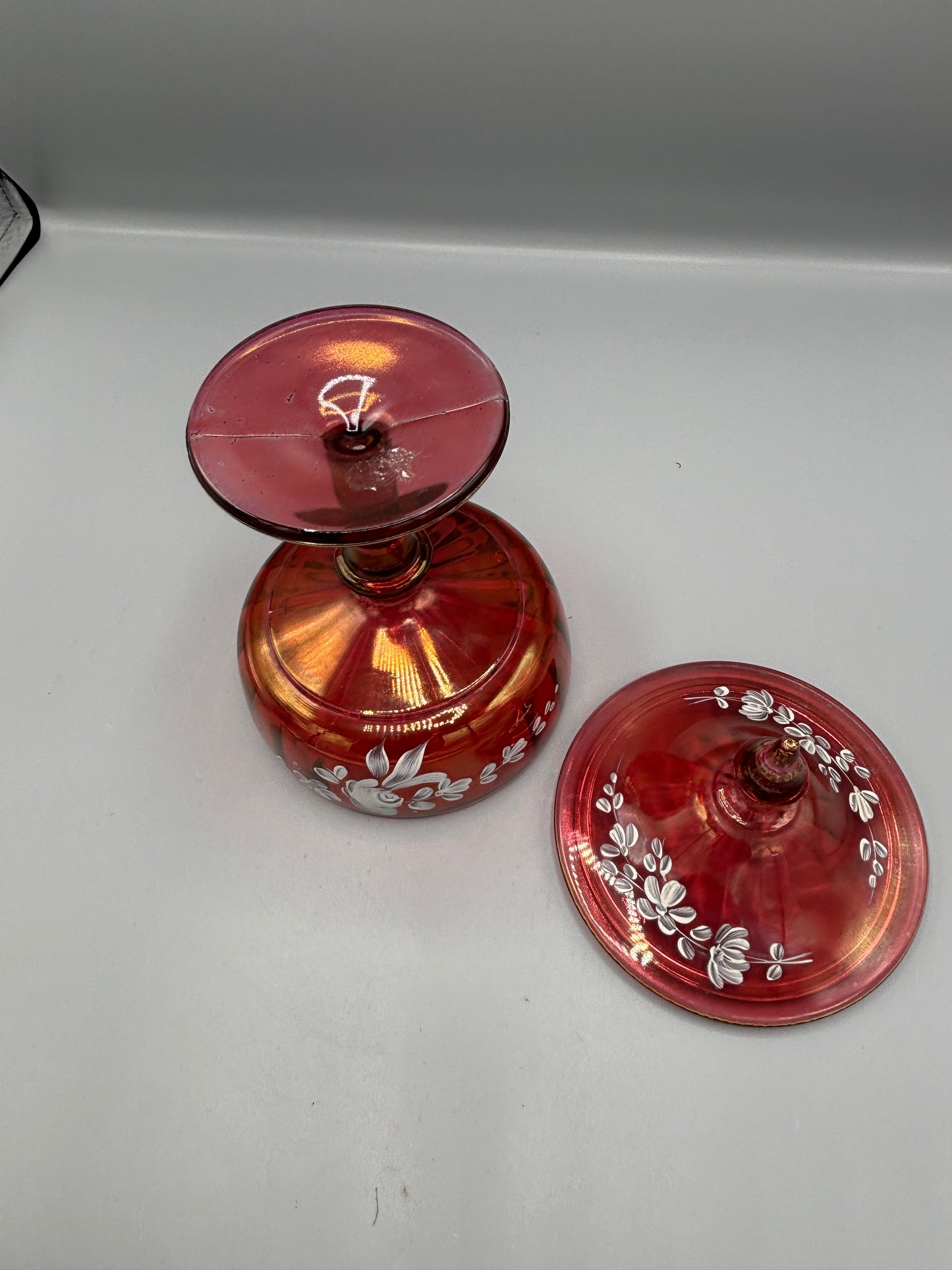 Vintage Fenton Cranberry Hand Painted Candy Dish