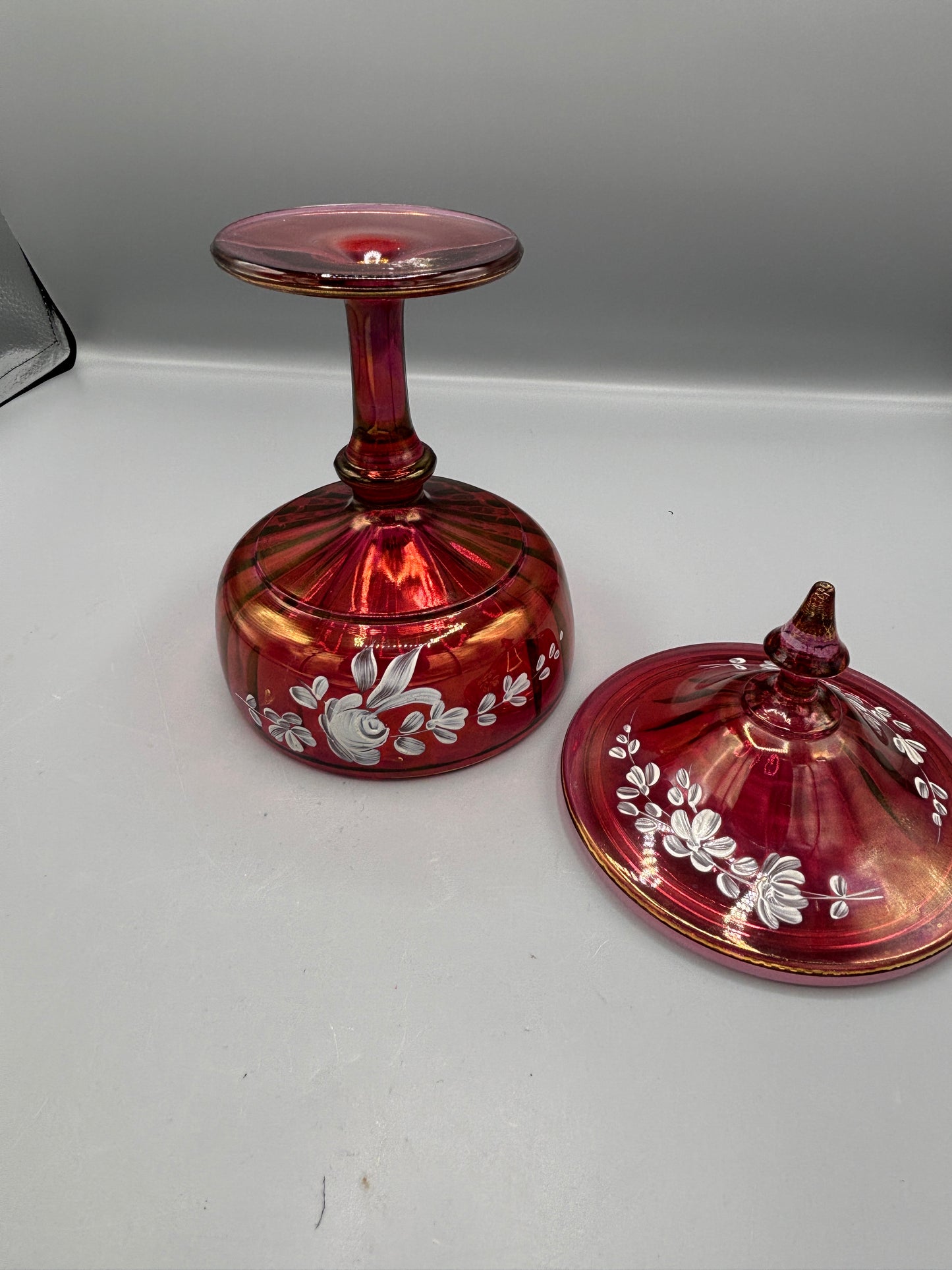 Vintage Fenton Cranberry Hand Painted Candy Dish