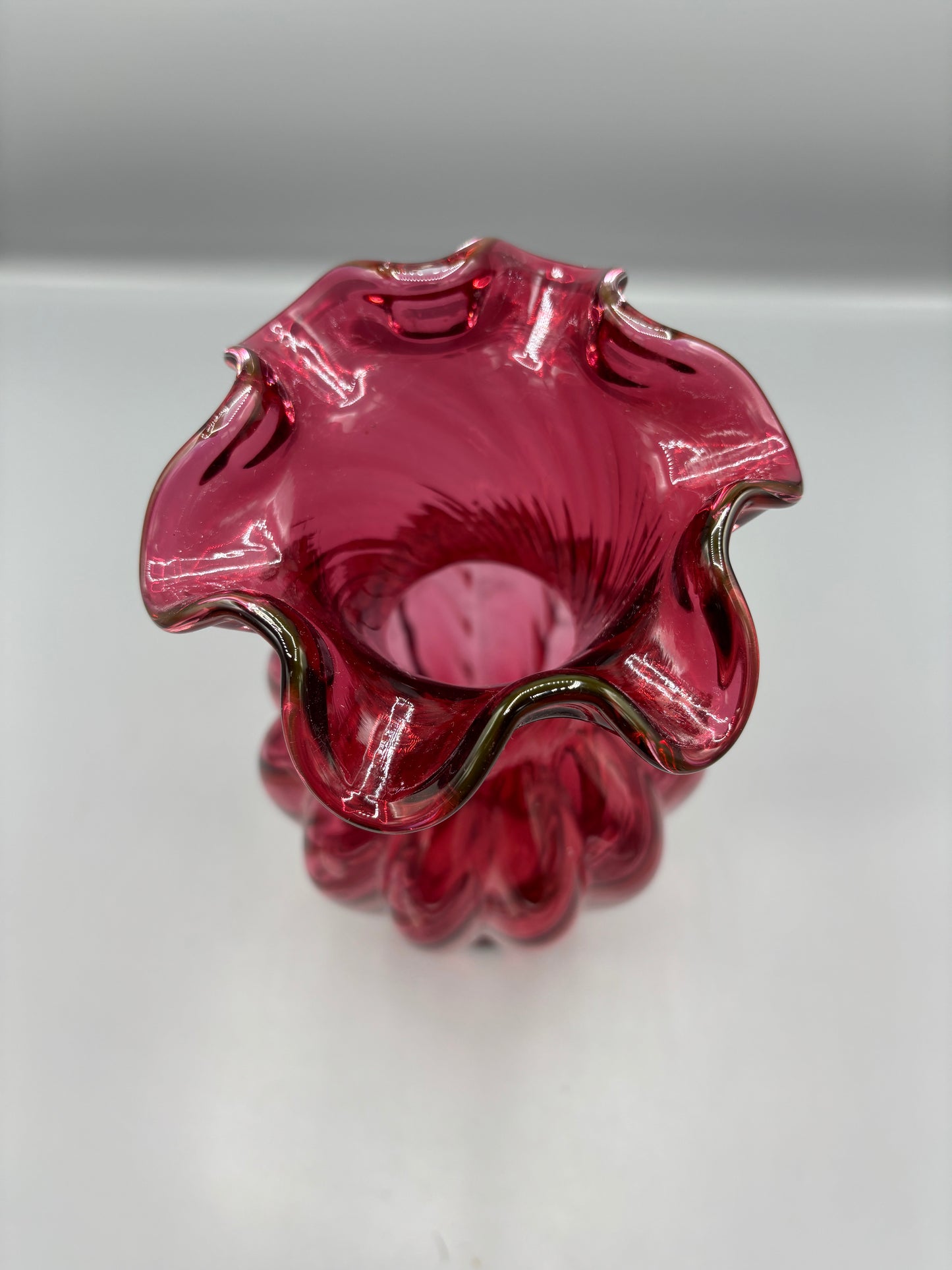Vintage Fenton 11 1/2" Cranberry Scallop Top Swirl Design Vase
