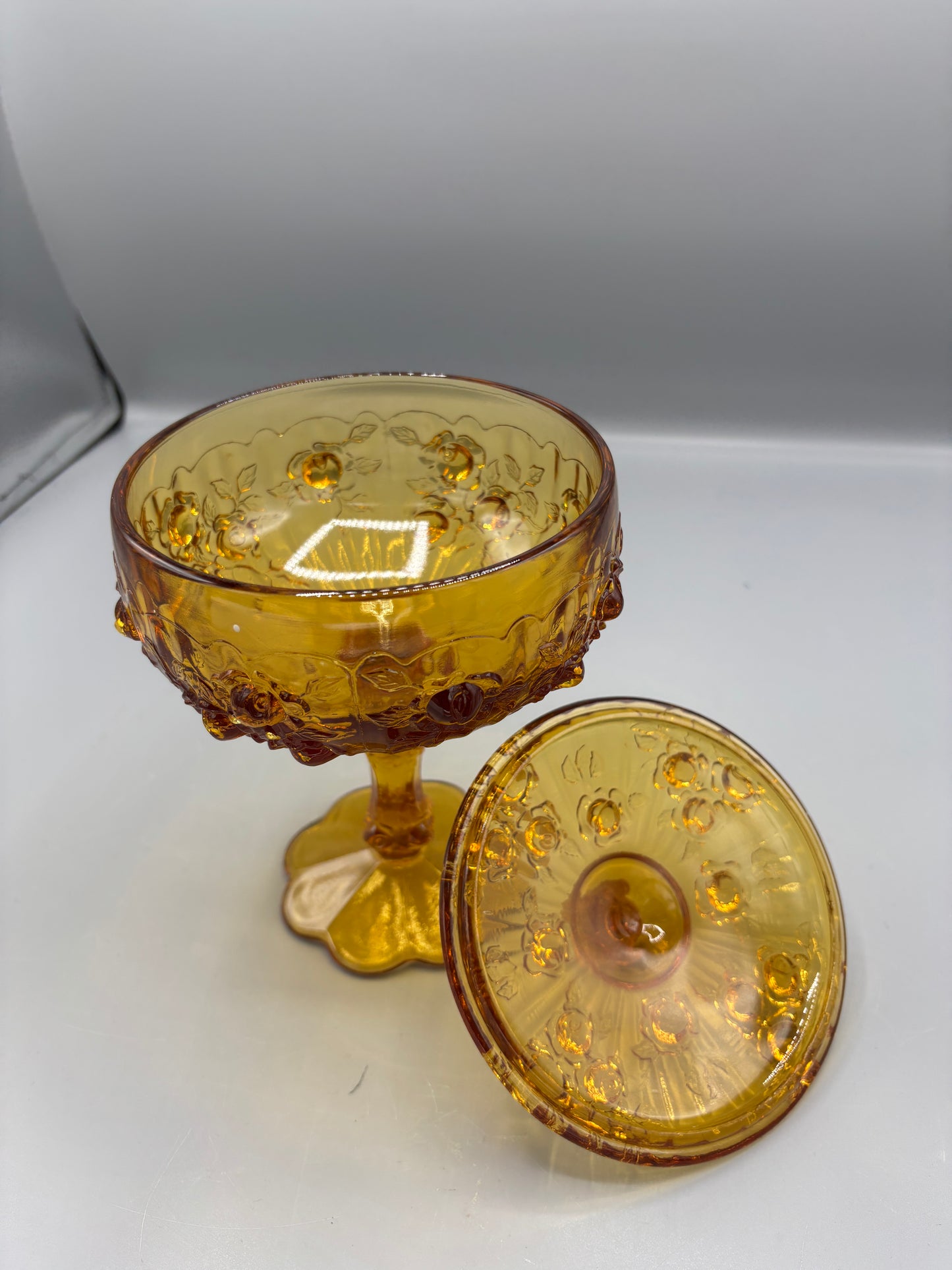 Vintage Fenton Amber Cabbage Rose Compote Dish