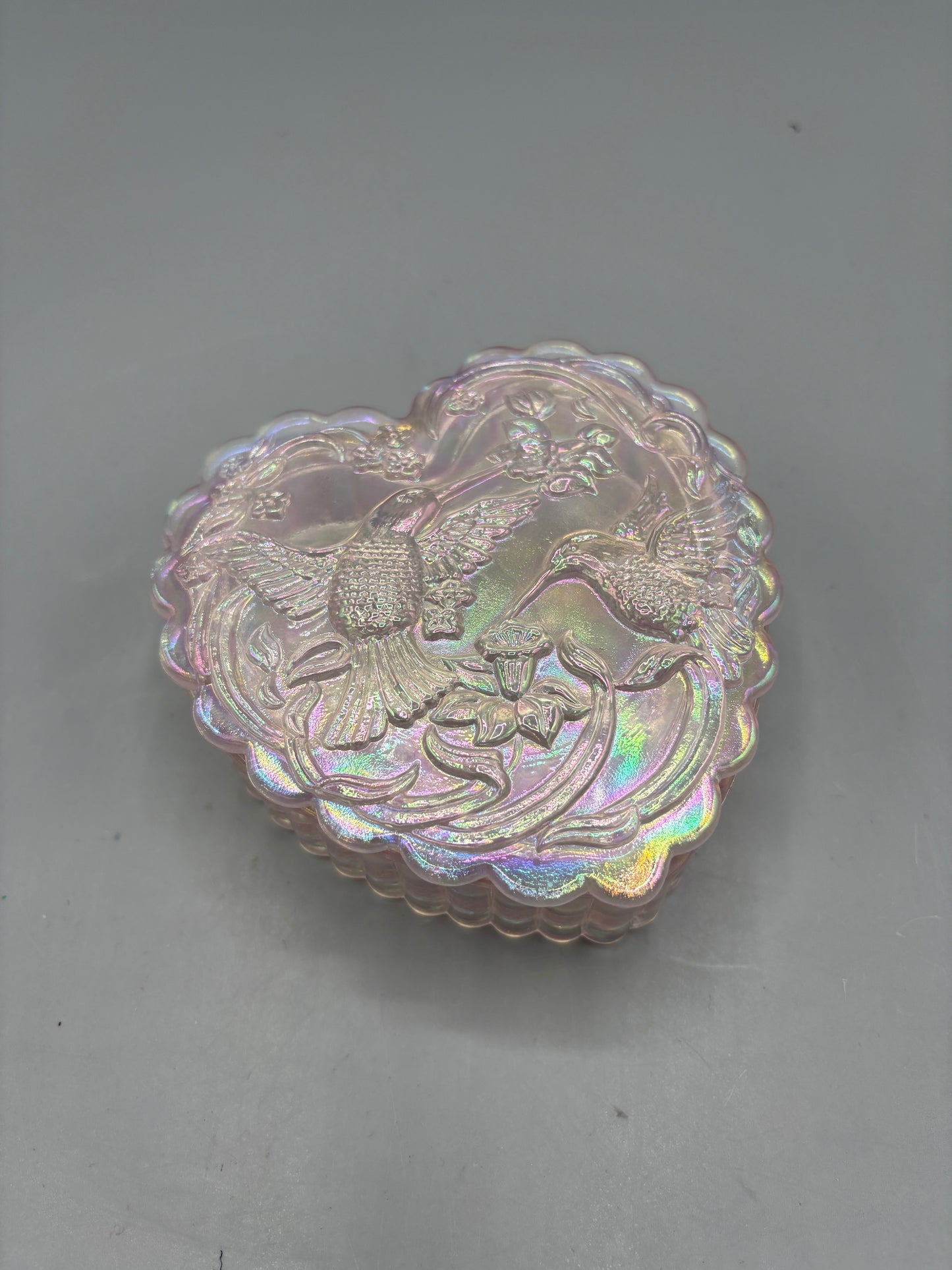 Vintage Fenton Iridescent Heart Box with Hummingbird