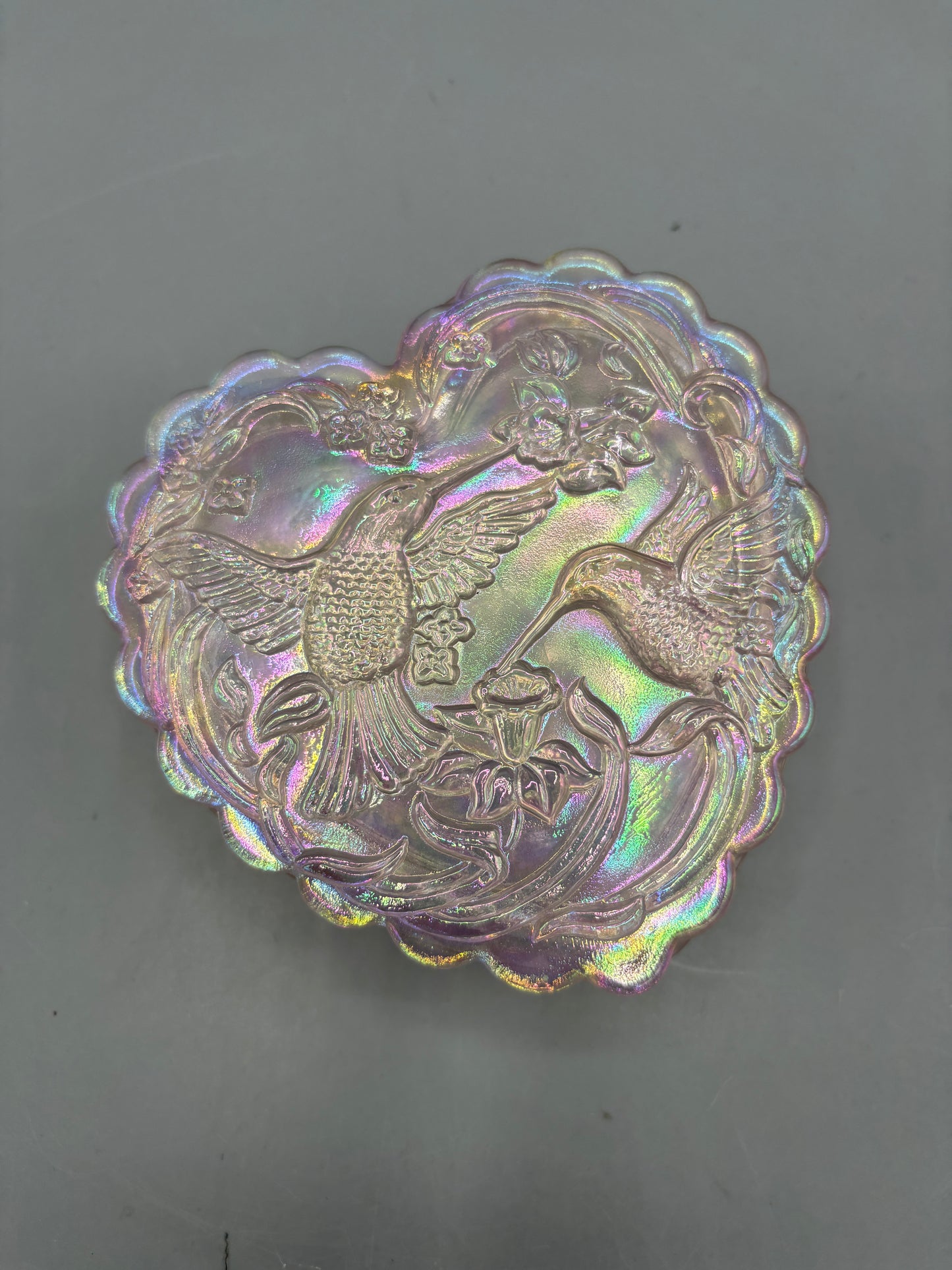 Vintage Fenton Iridescent Heart Box with Hummingbird