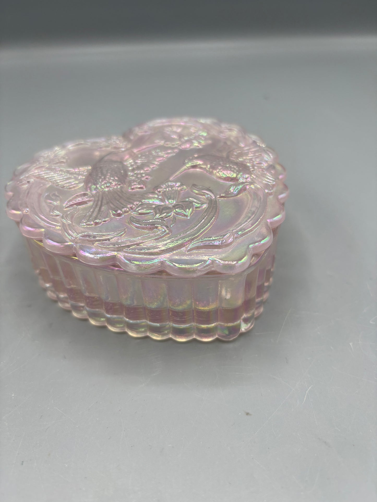 Vintage Fenton Iridescent Heart Box with Hummingbird