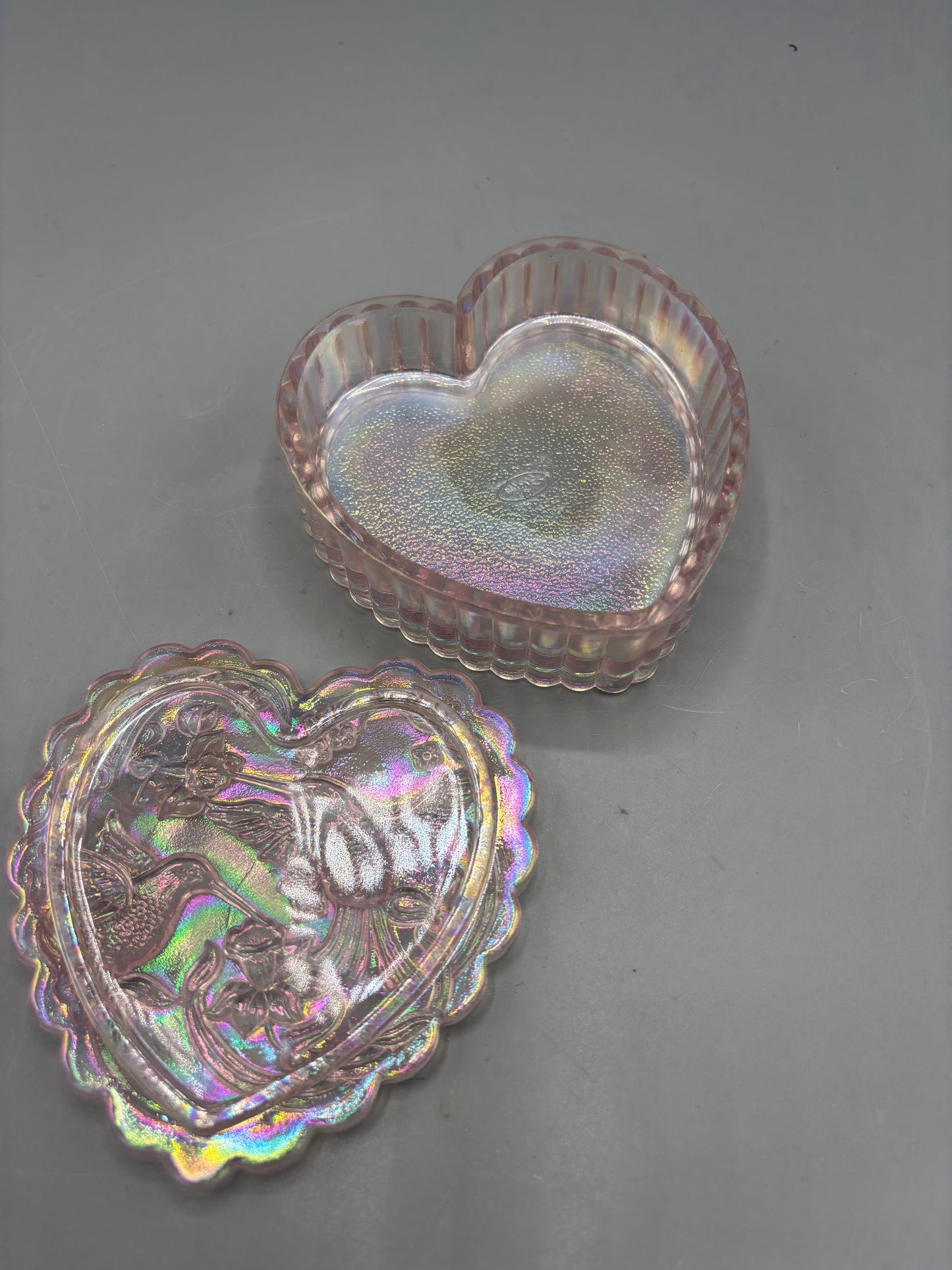 Vintage Fenton Iridescent Heart Box with Hummingbird