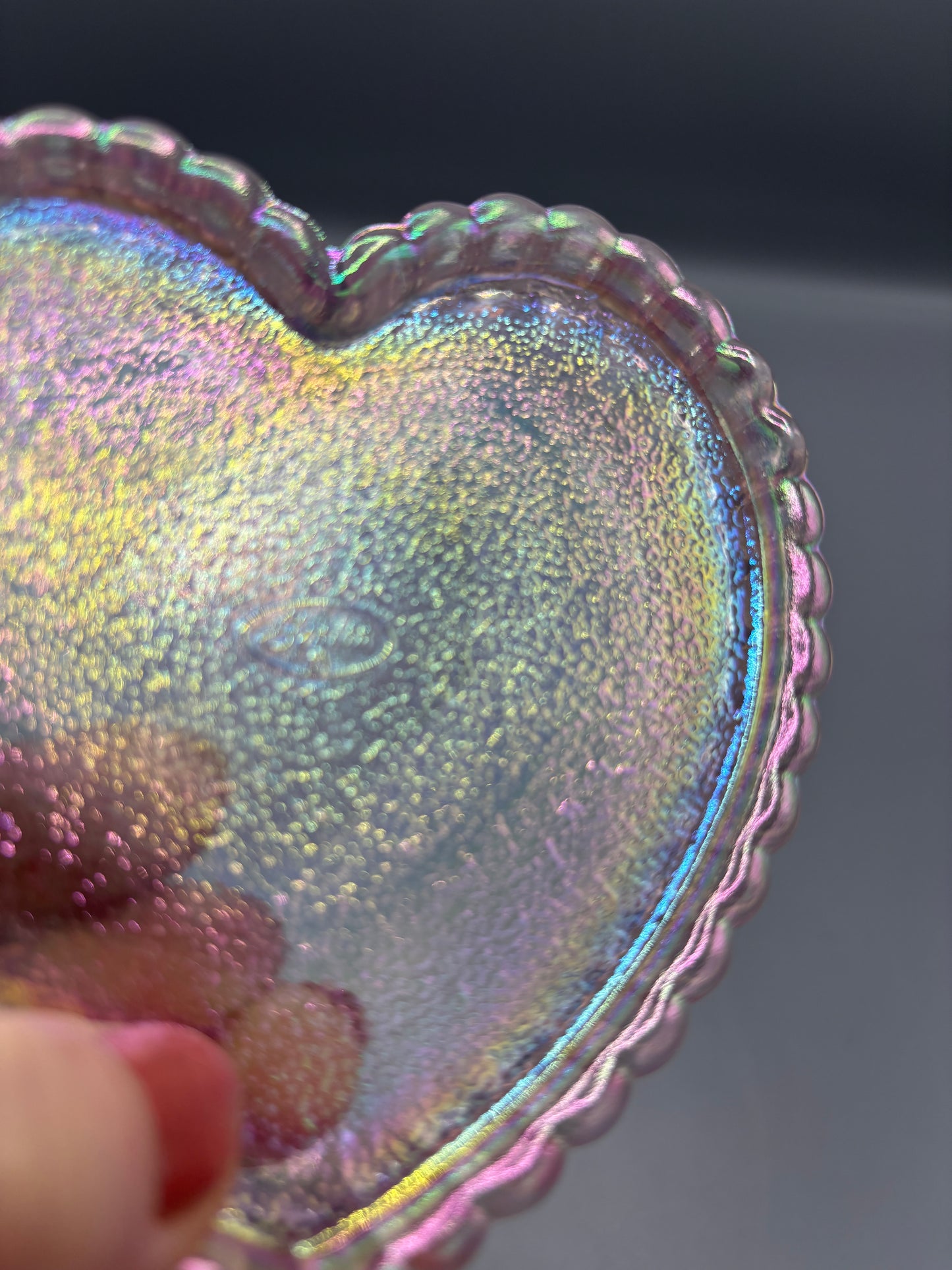 Vintage Fenton Iridescent Heart Box with Hummingbird