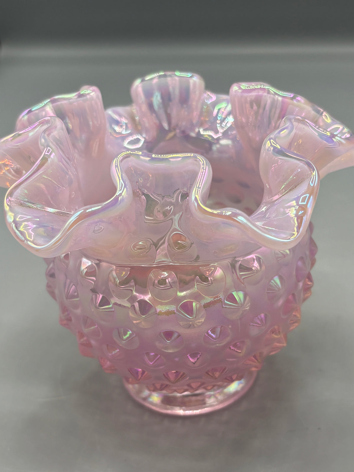 Vintage Fenton pink opalescent hobnail Rose bowl