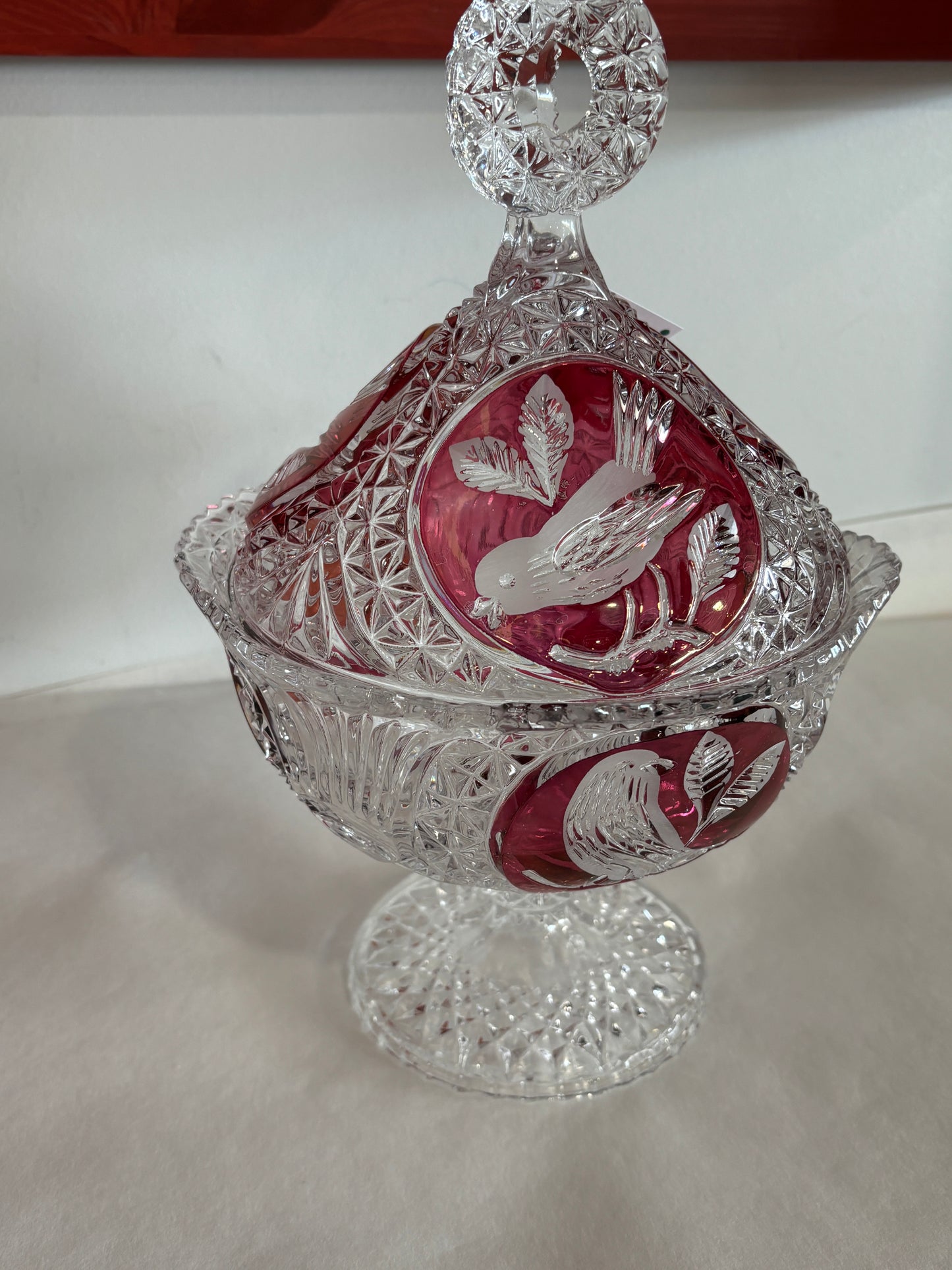 Hofbauer Red Byrdes Crystal Footed Candy Dish w/ Lid