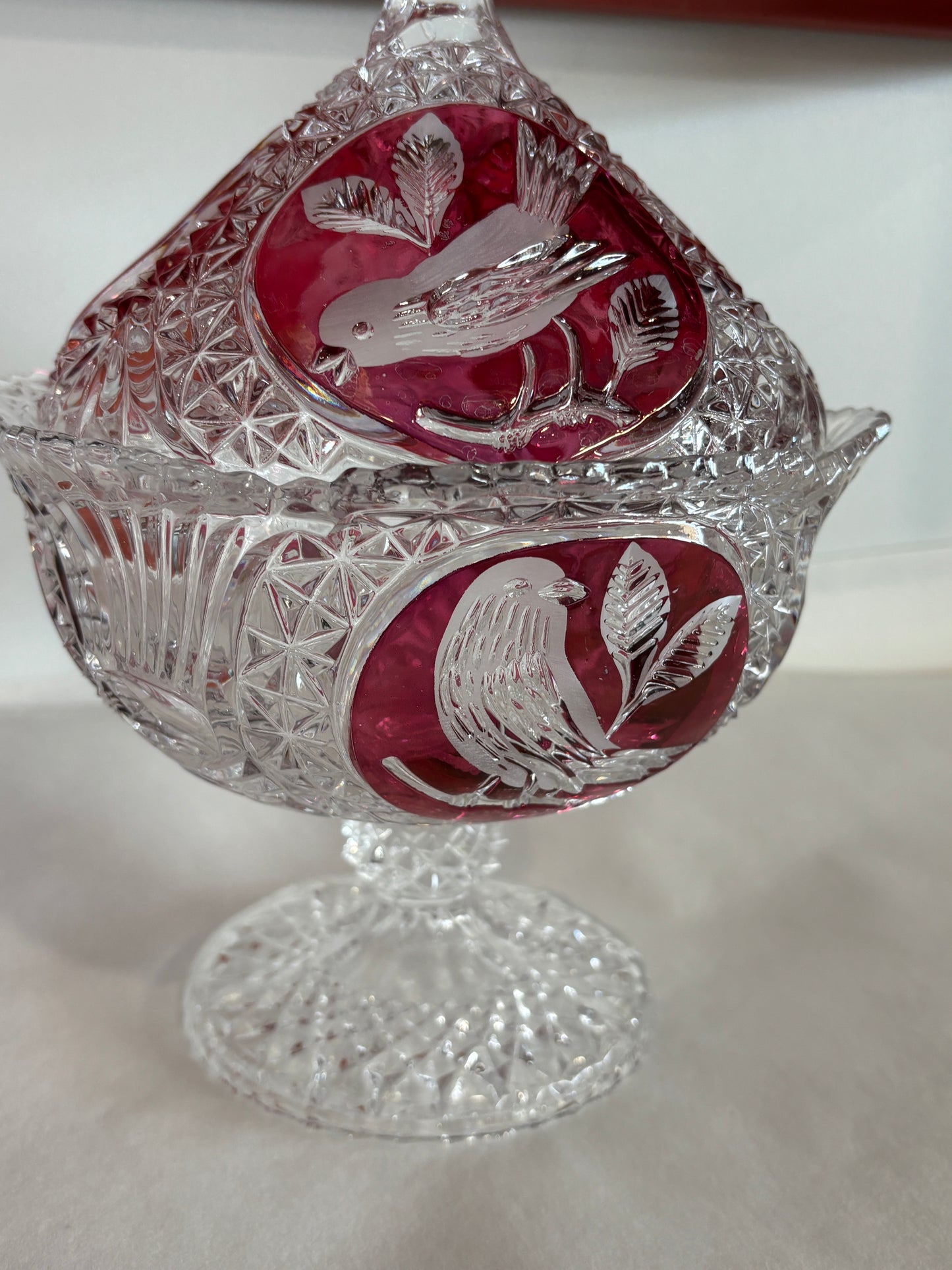 Hofbauer Red Byrdes Crystal Footed Candy Dish w/ Lid