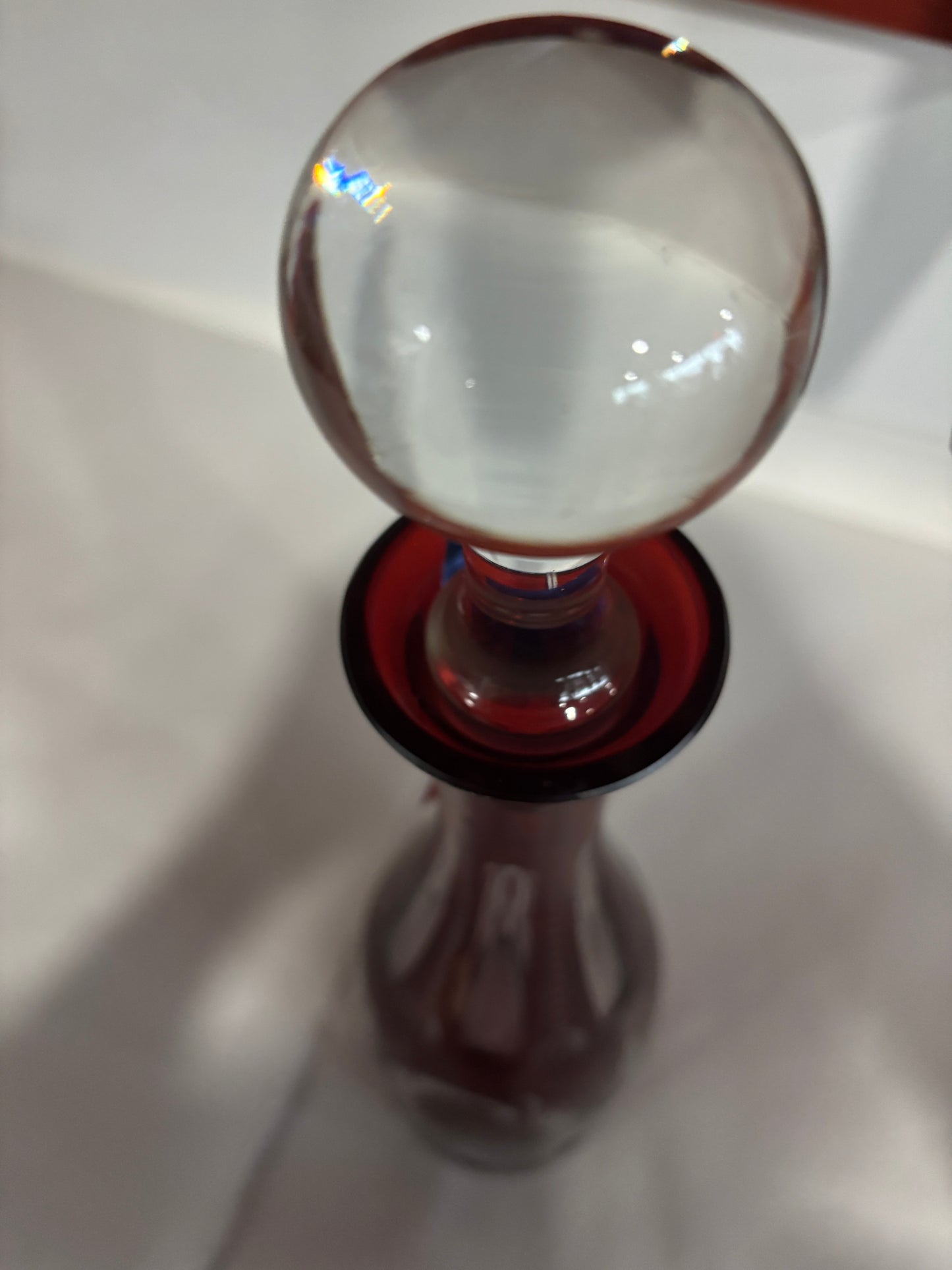 Bohemian Red Cut Glass Decanter w/ stopper & 2 glasses
