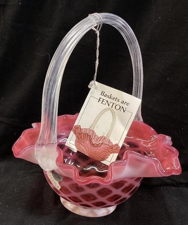 Fenton Cranberry Opalescent Diamond Optic Basket 9"