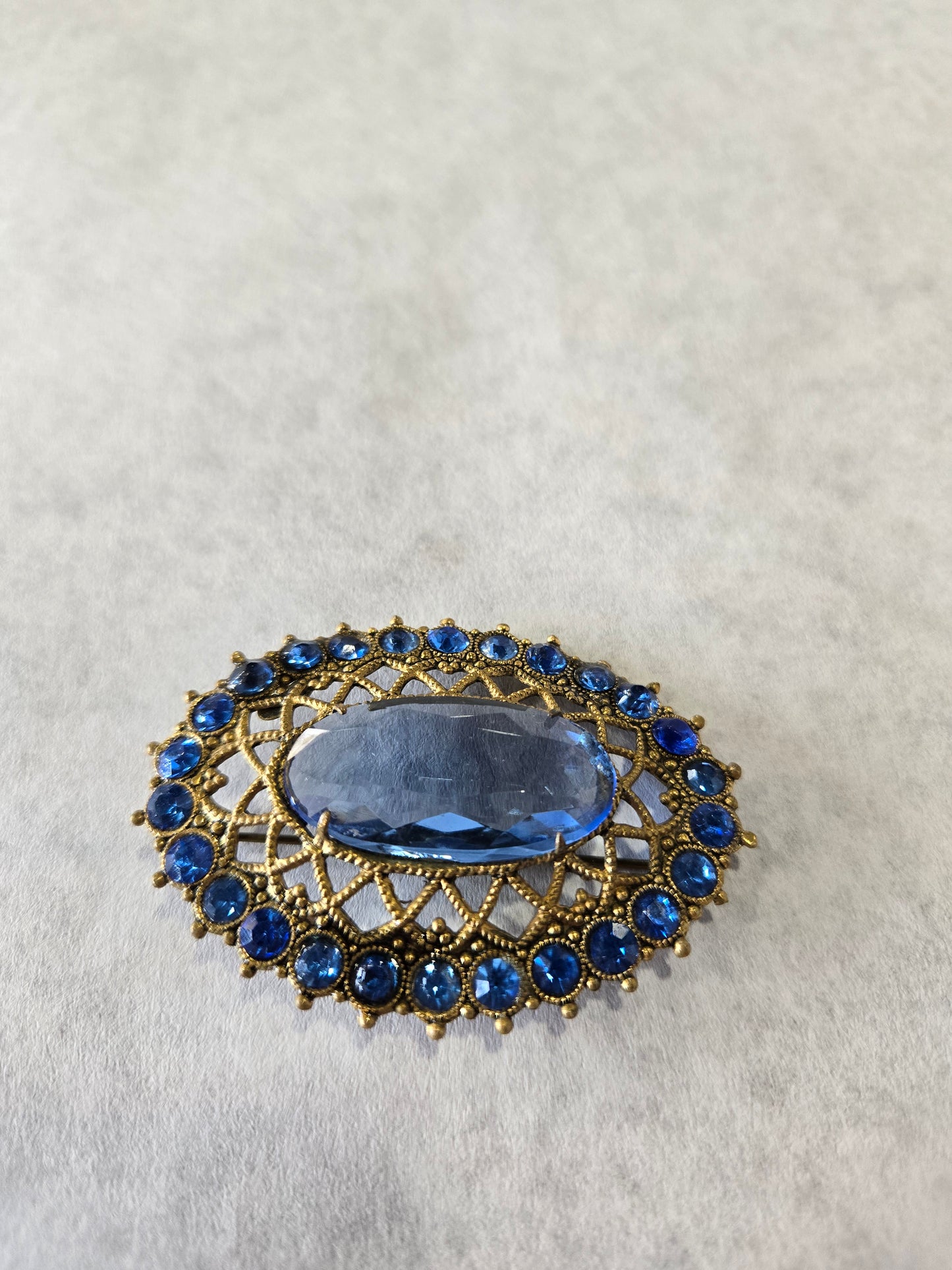 Gold Tone Blue Crystal Rhinestone Brooch