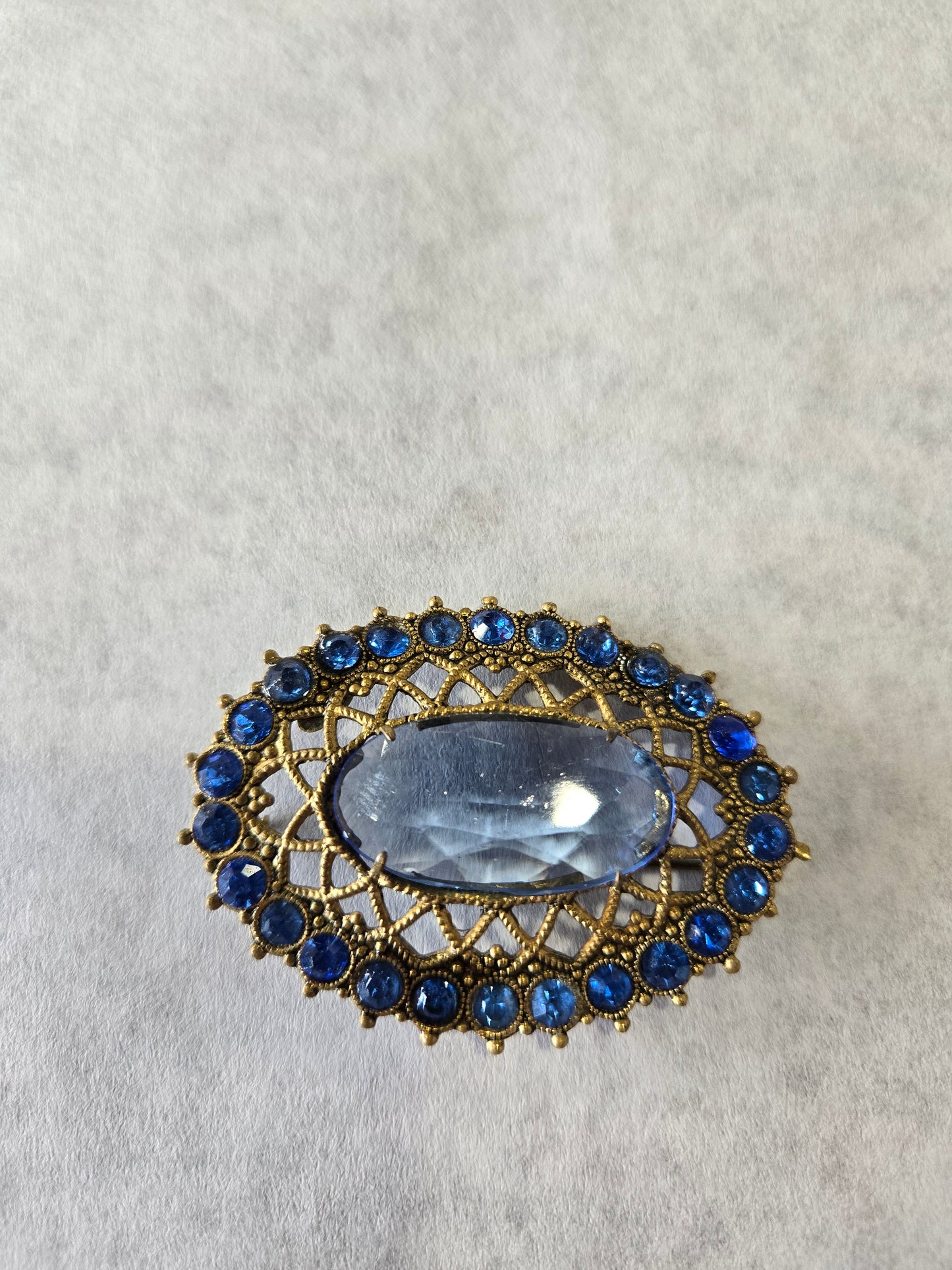 Gold Tone Blue Crystal Rhinestone Brooch