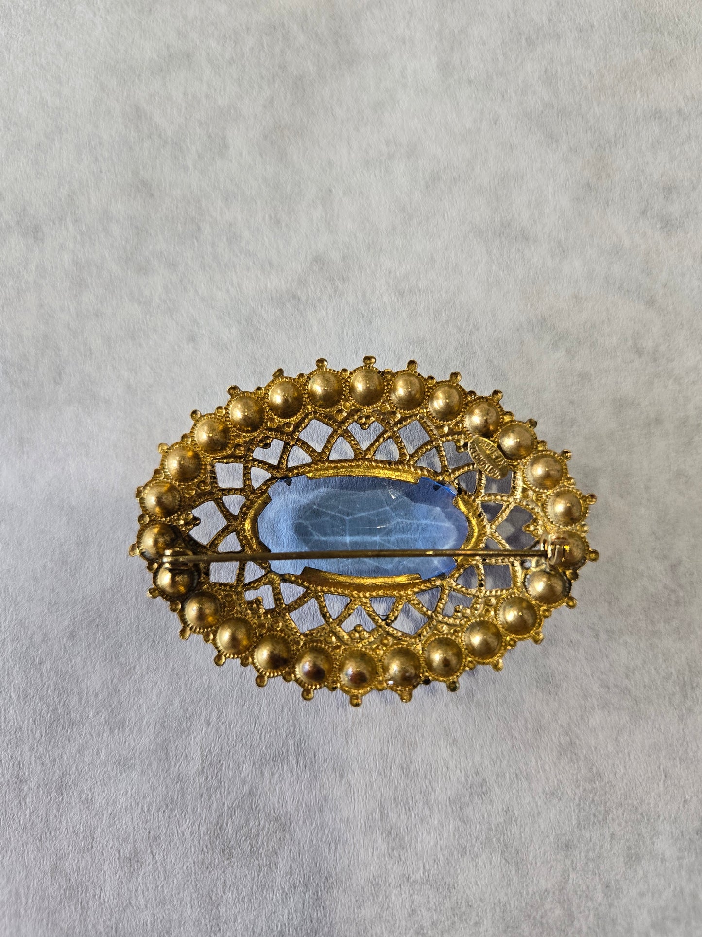 Gold Tone Blue Crystal Rhinestone Brooch