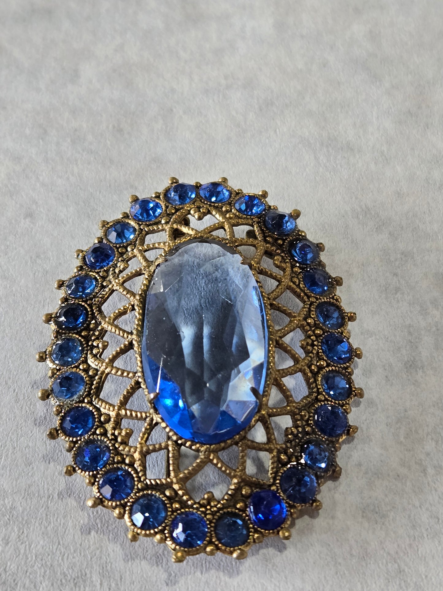 Gold Tone Blue Crystal Rhinestone Brooch