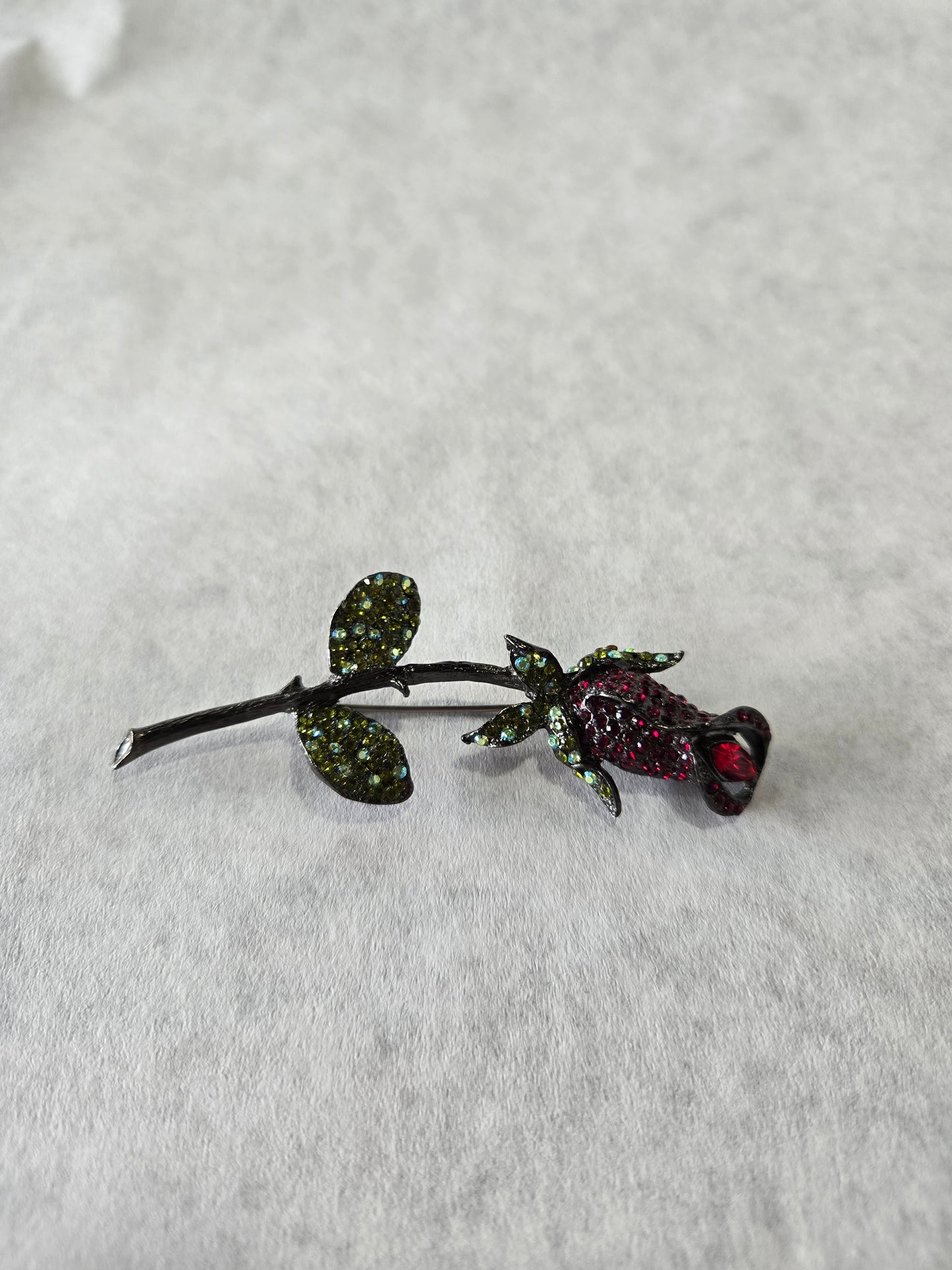 Vintage Rhinestone Red Rose Bud w/ Stem Brooch