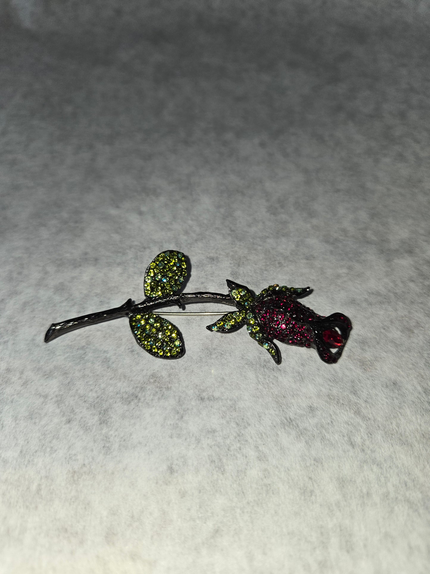 Vintage Rhinestone Red Rose Bud w/ Stem Brooch