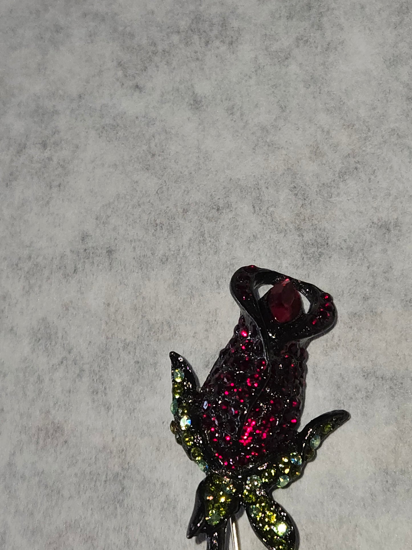 Vintage Rhinestone Red Rose Bud w/ Stem Brooch