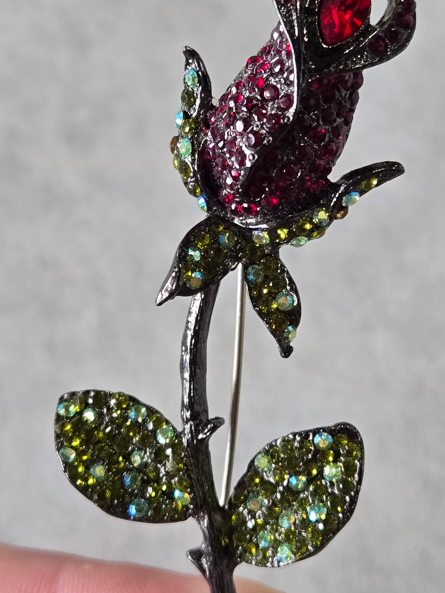 Vintage Rhinestone Red Rose Bud w/ Stem Brooch