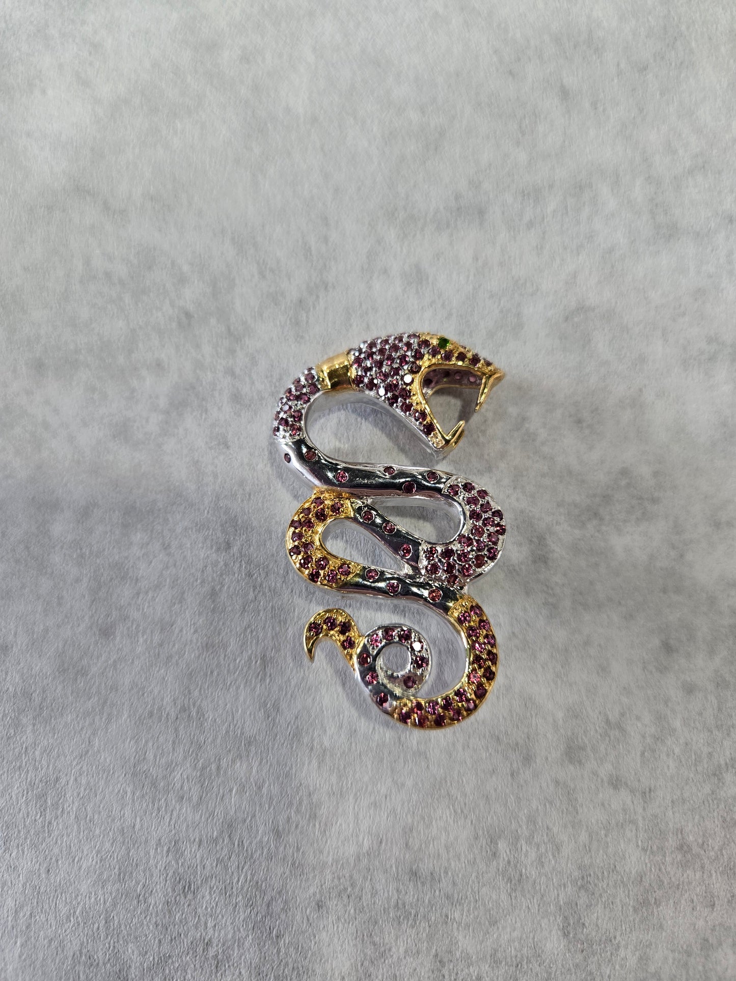 Sterling Silver Garnet Snake Brooch w/ Gold Wash Accents