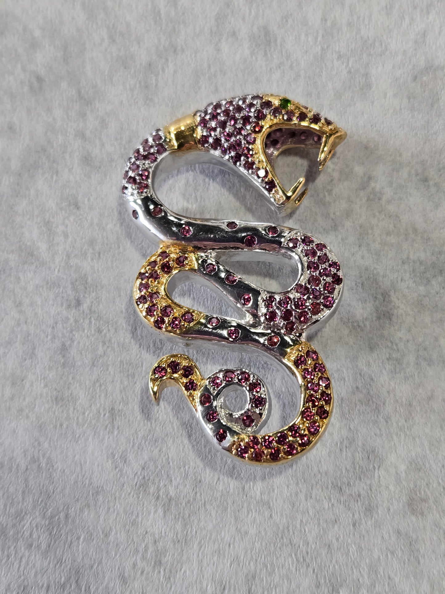 Sterling Silver Garnet Snake Brooch w/ Gold Wash Accents