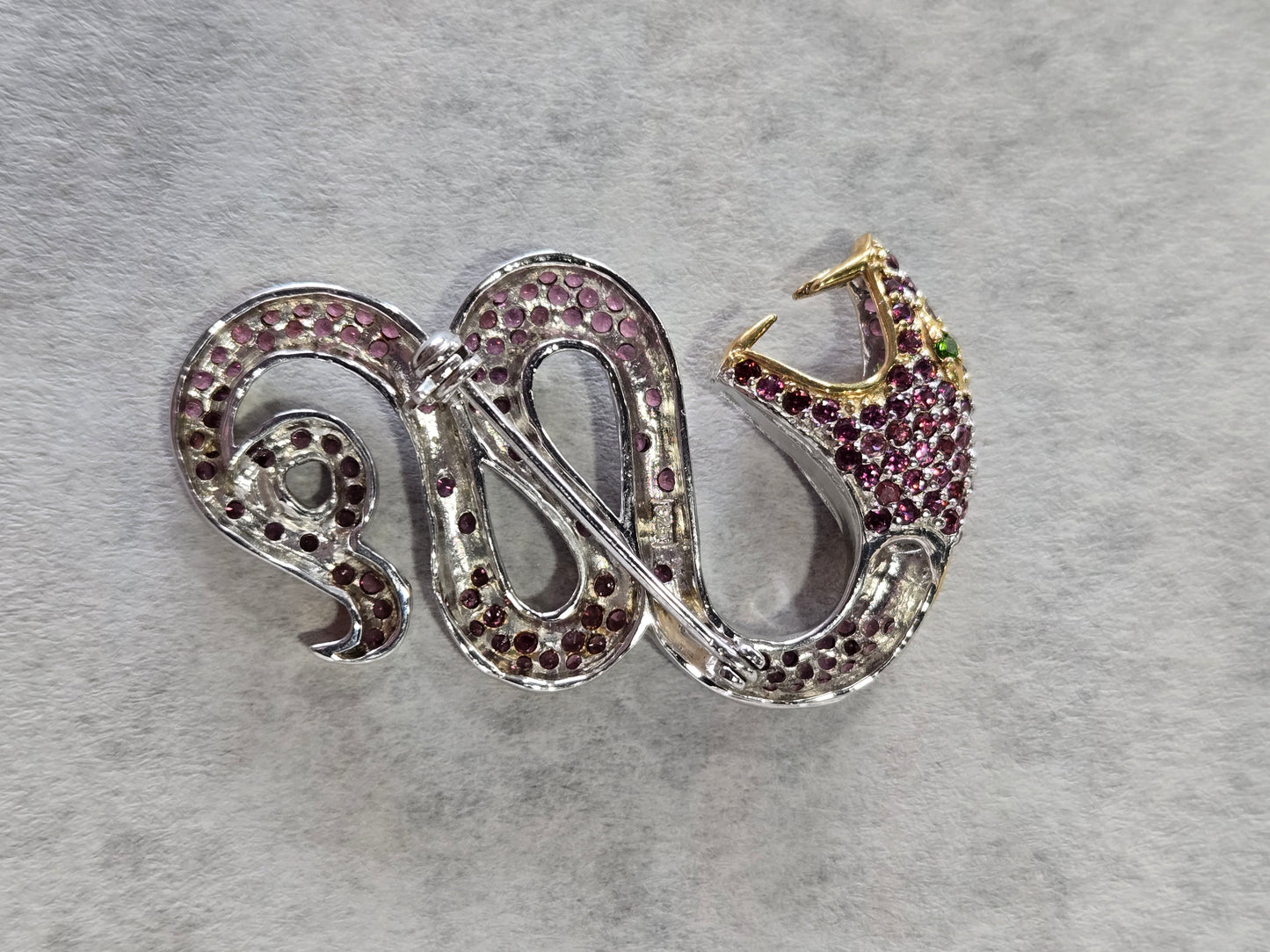 Sterling Silver Garnet Snake Brooch w/ Gold Wash Accents