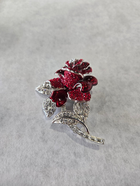 Vintage Nolan Miller Red Rhinestone Poured Glass Rose Brooch