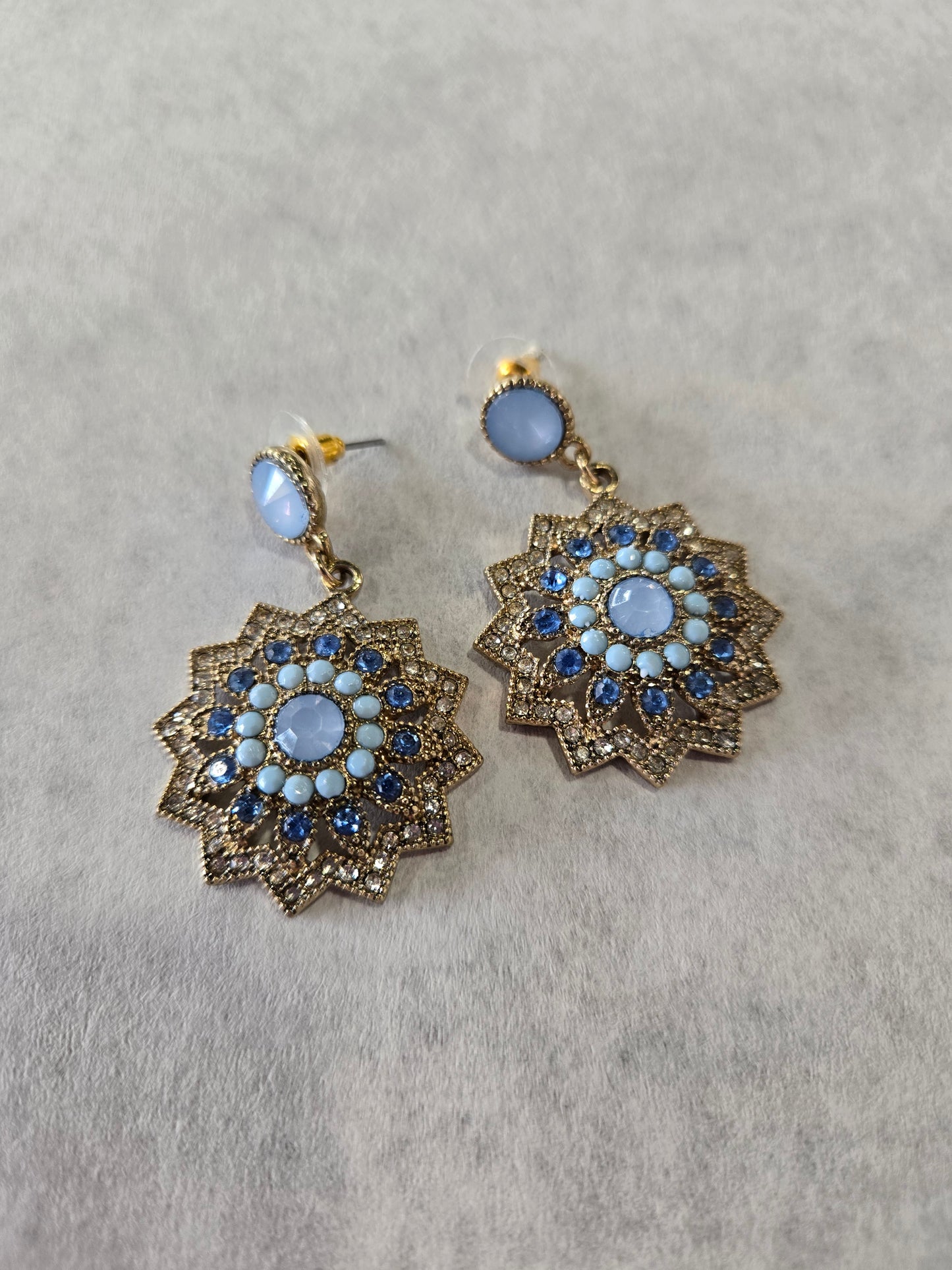 Gold Tone Blue Stone & Rhinestone Dangle Earrings