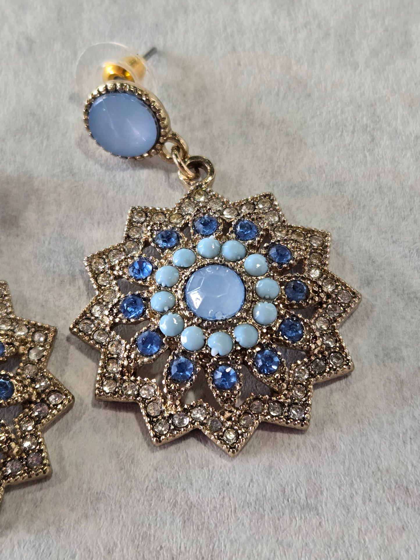 Gold Tone Blue Stone & Rhinestone Dangle Earrings