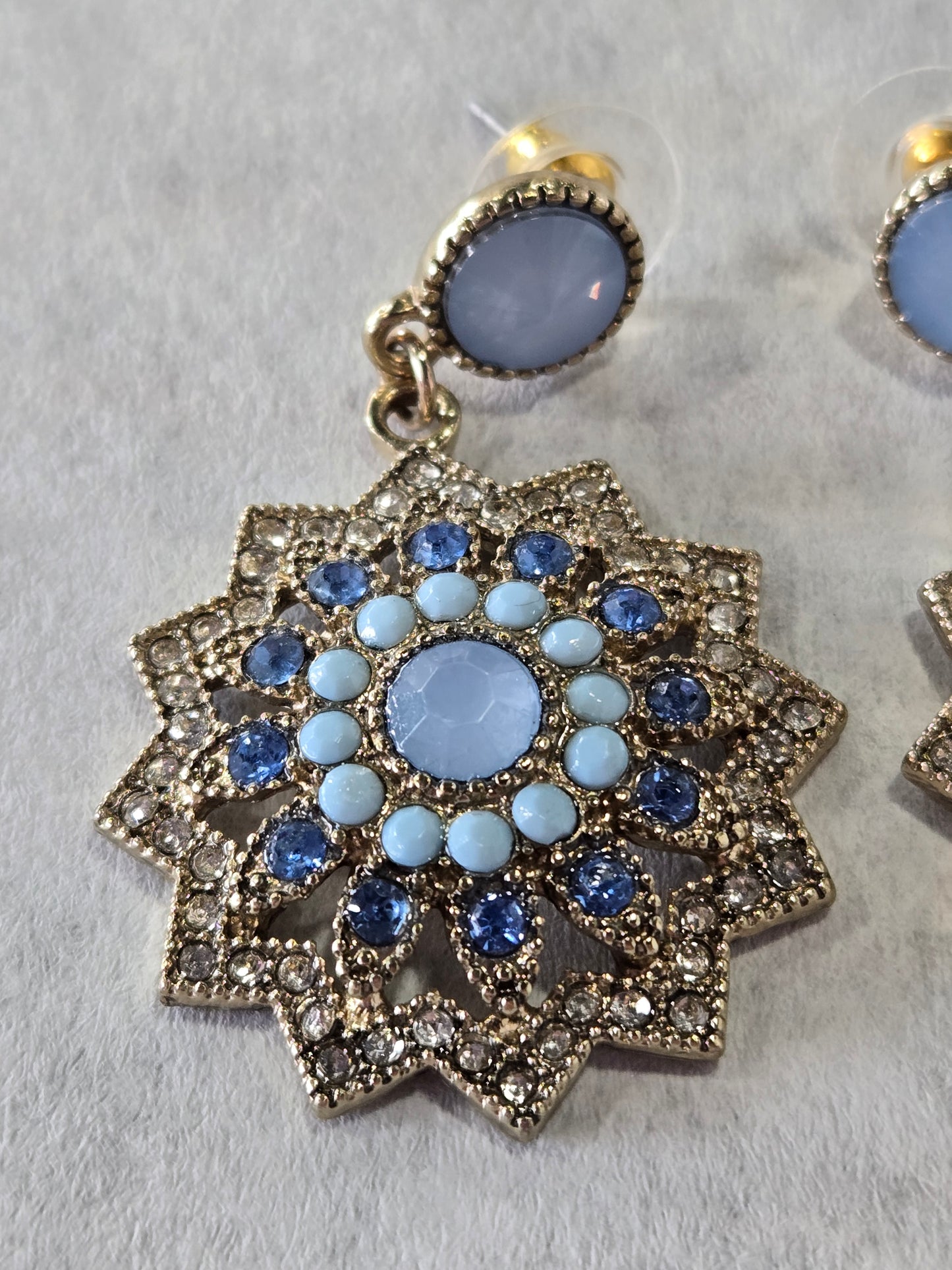 Gold Tone Blue Stone & Rhinestone Dangle Earrings