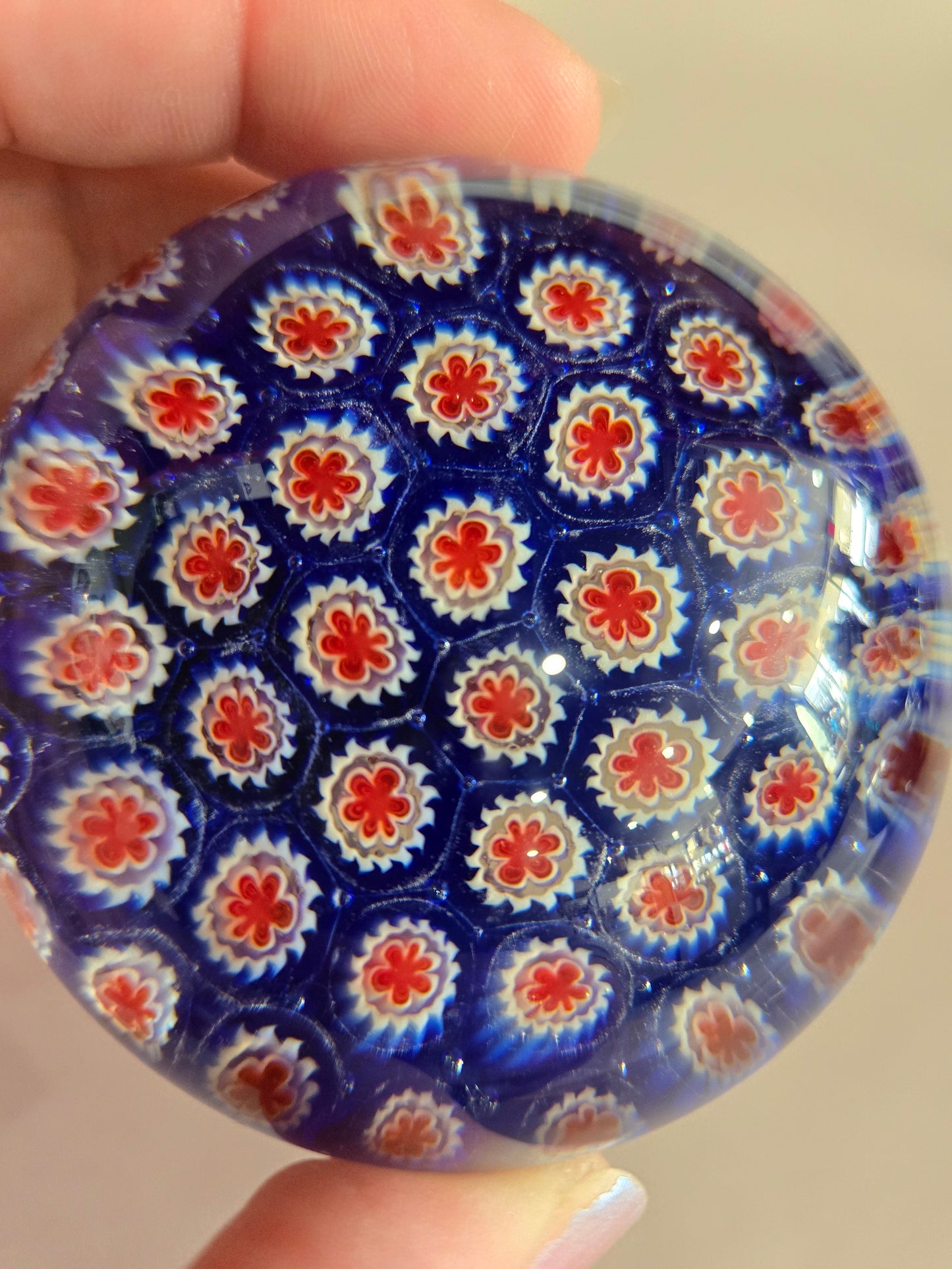 Vintage Murano Red, White, Blue Millefiori Paperweight